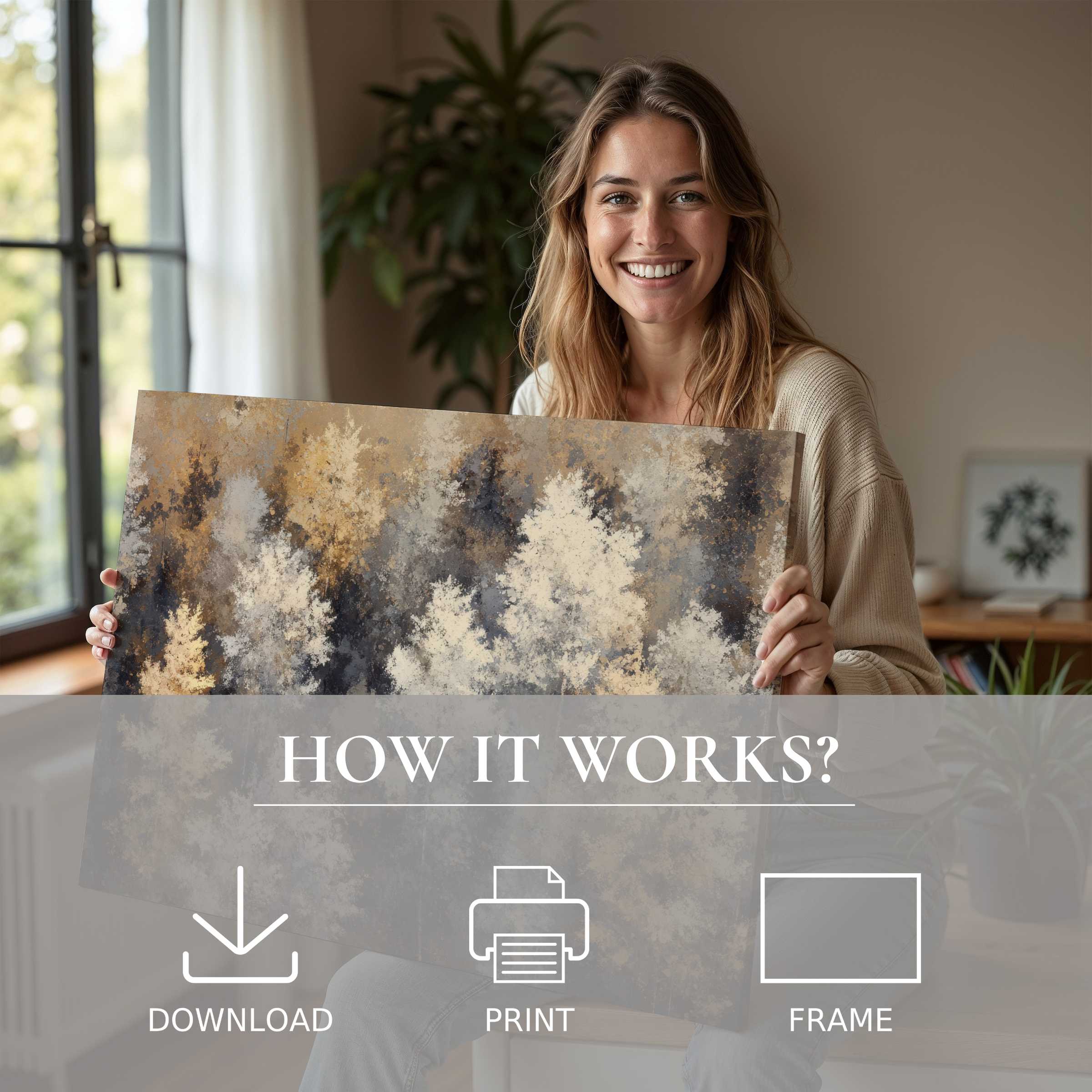 Joyful connection with tree digital art print, blending warm earthy tones in a serene modern home setting