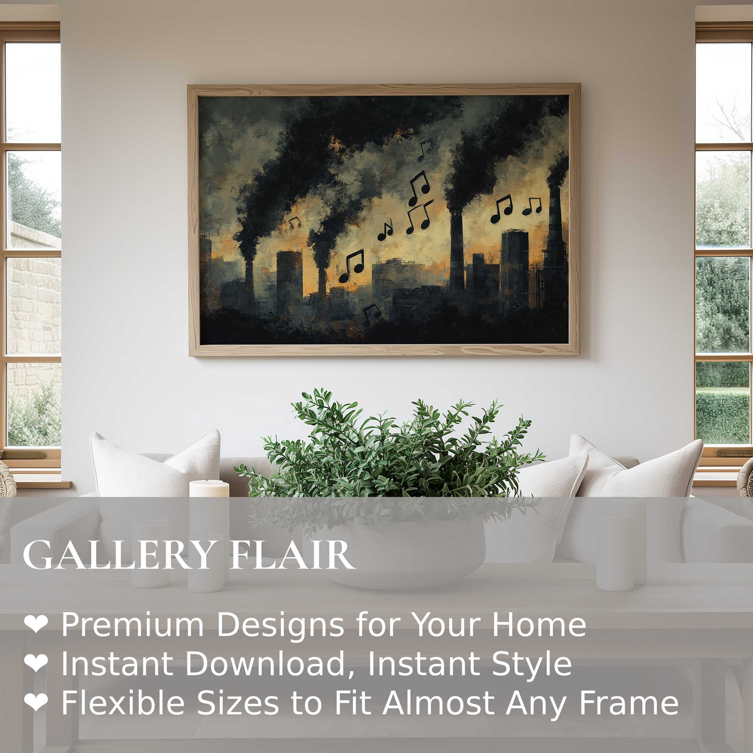 Bold street art wall art print featuring smoky industrial skyline with musical notes, adding edgy urban charm to a modern minimalist living room