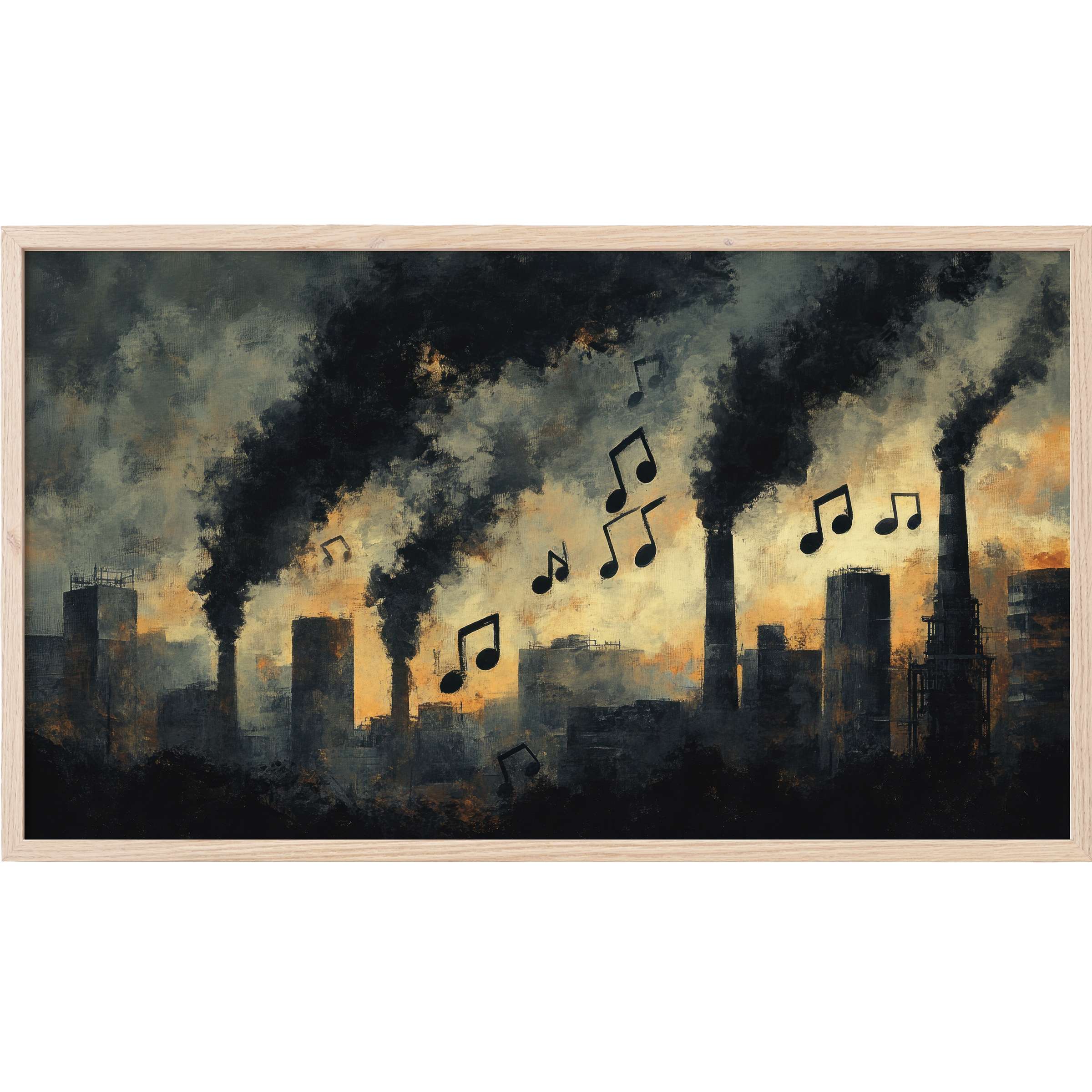 Moody industrial skyline in muted tones with black smoke and music notes, a striking street art Frame TV Art