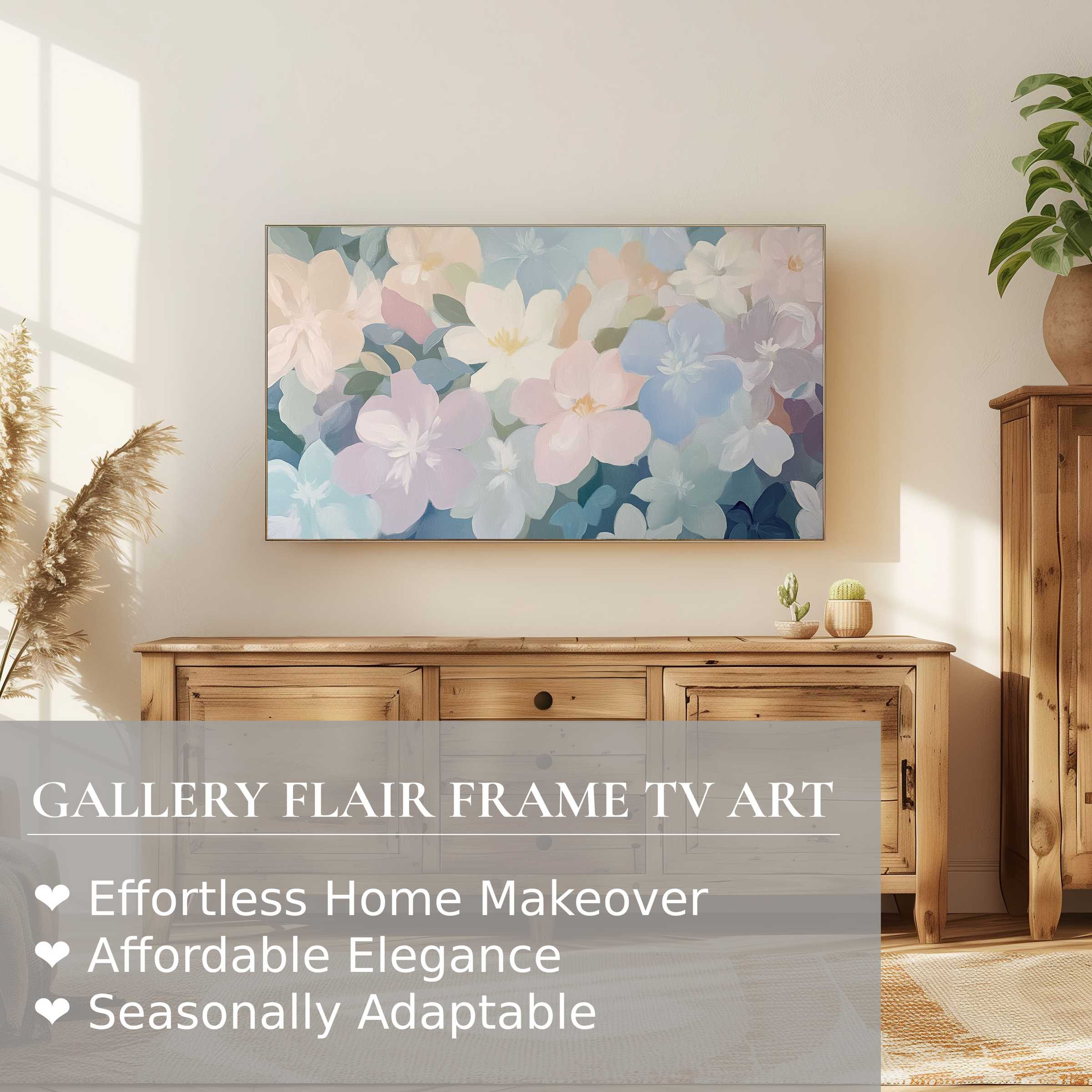 Samsung Frame TV displaying soft pastel nursery digital artwork in a modern, elegant living room setting