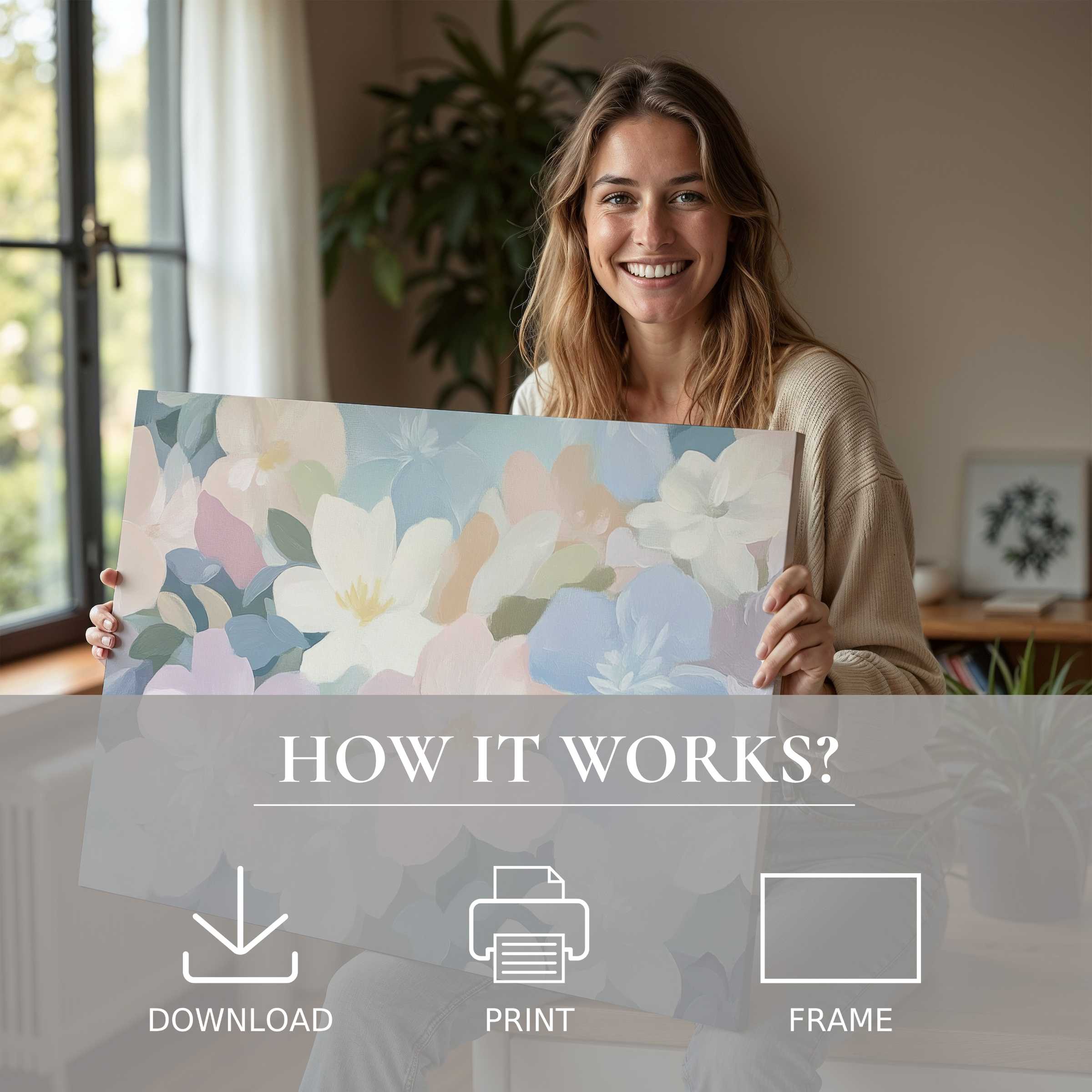 Radiant with joy, she reveals a nursery digital art print, evoking calm and cherished moments in a stylish home