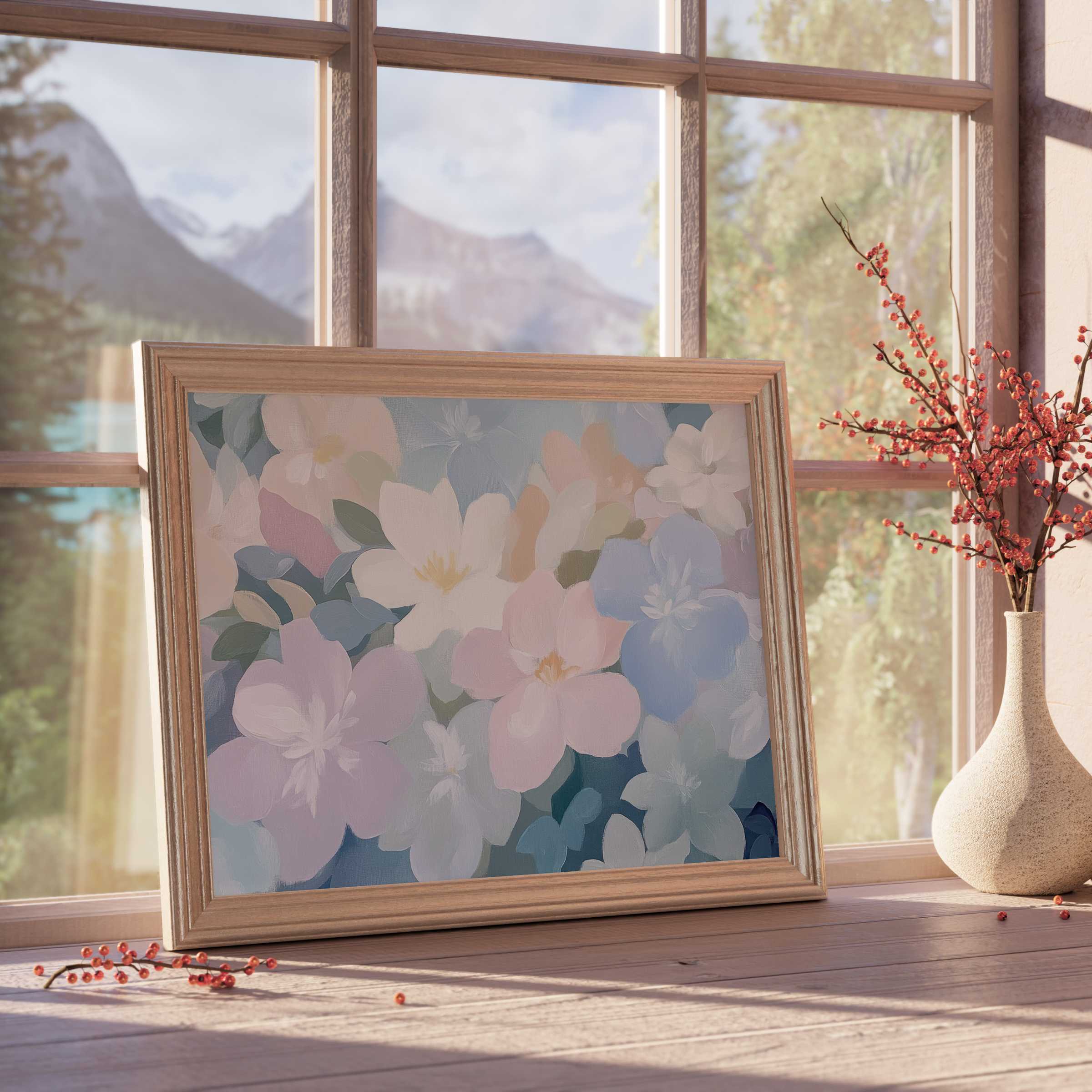 Soft pastel blooms in nursery downloadable art evoke serene, elegant charm, enriching tranquil, design-forward children’s rooms