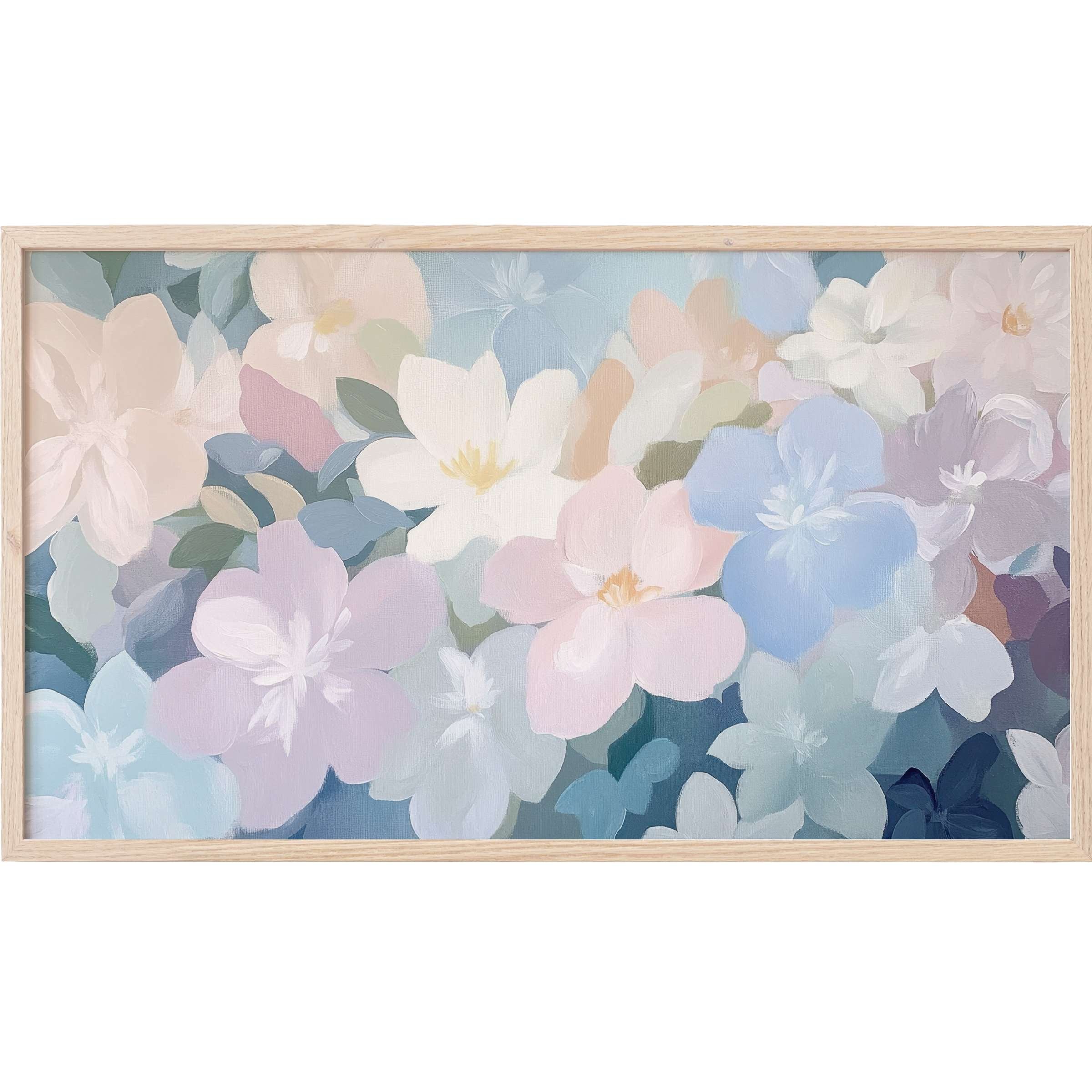 Soft pastel floral composition in blush, lavender, and blue hues, elegantly framed for nursery Frame TV Art