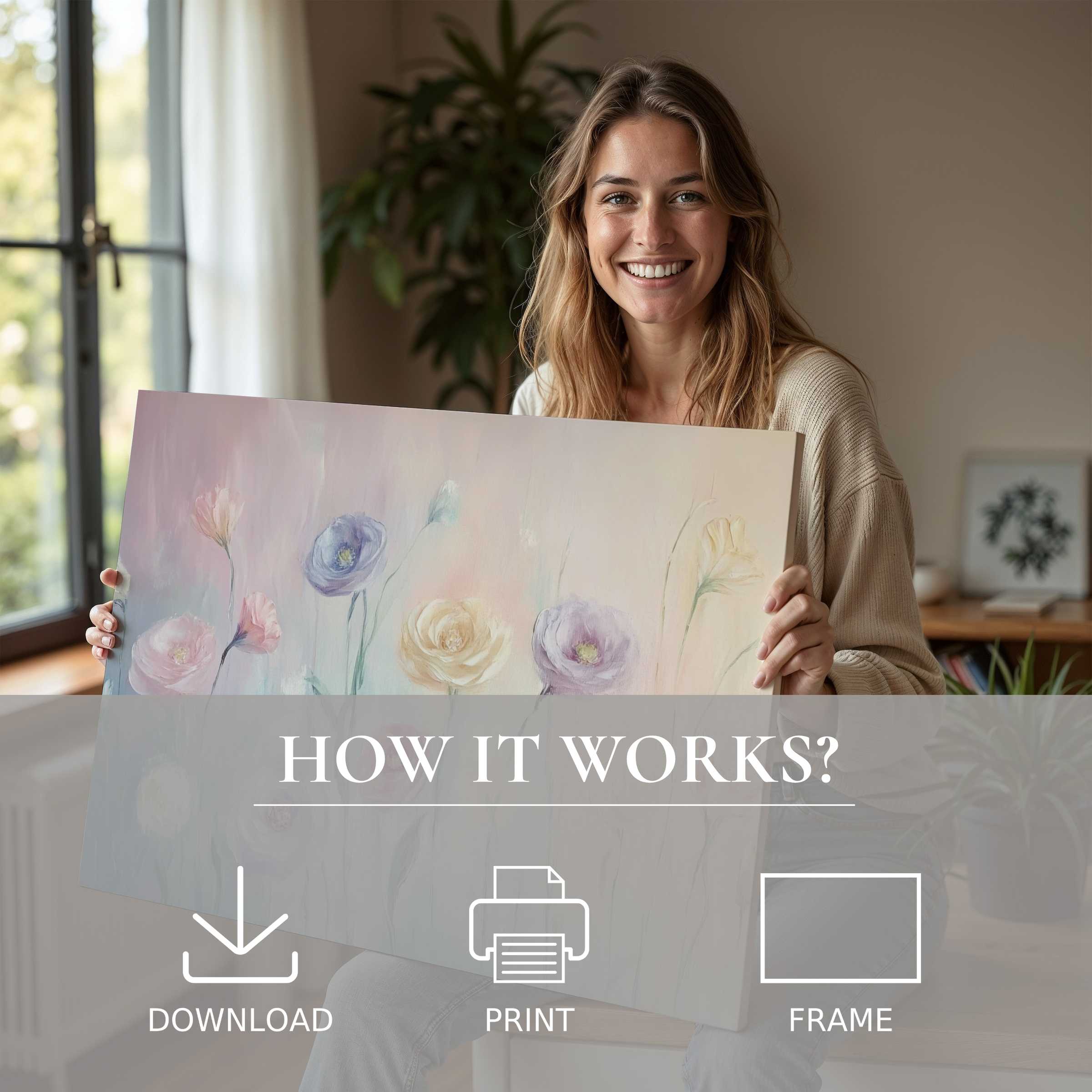 Radiant floral digital art print embraced in a chic modern home, capturing a serene moment of joy and effortless elegance