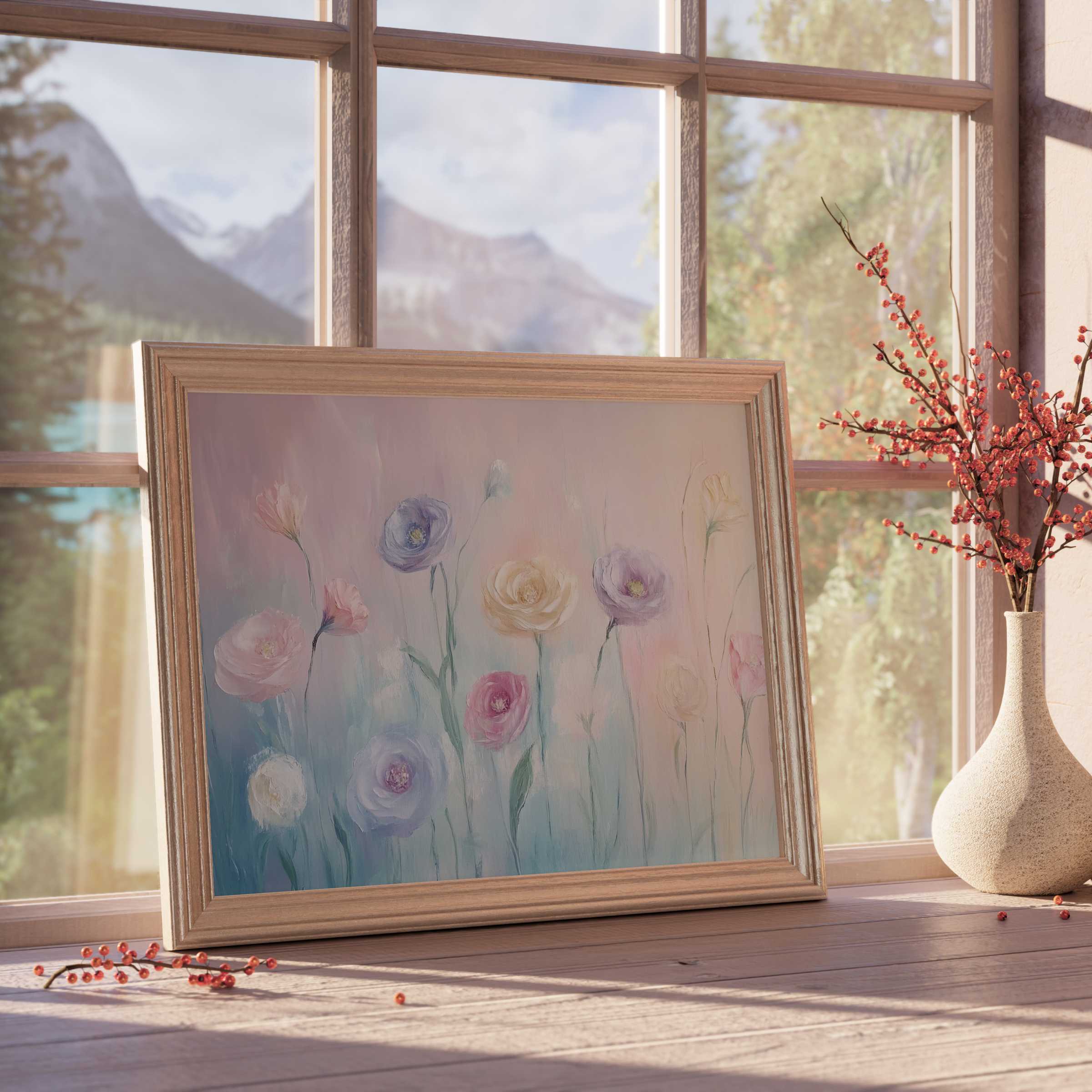 Serene floral downloadable art in soft pastels, enhancing tranquil interiors with elegant blooms and calming, nature-inspired charm