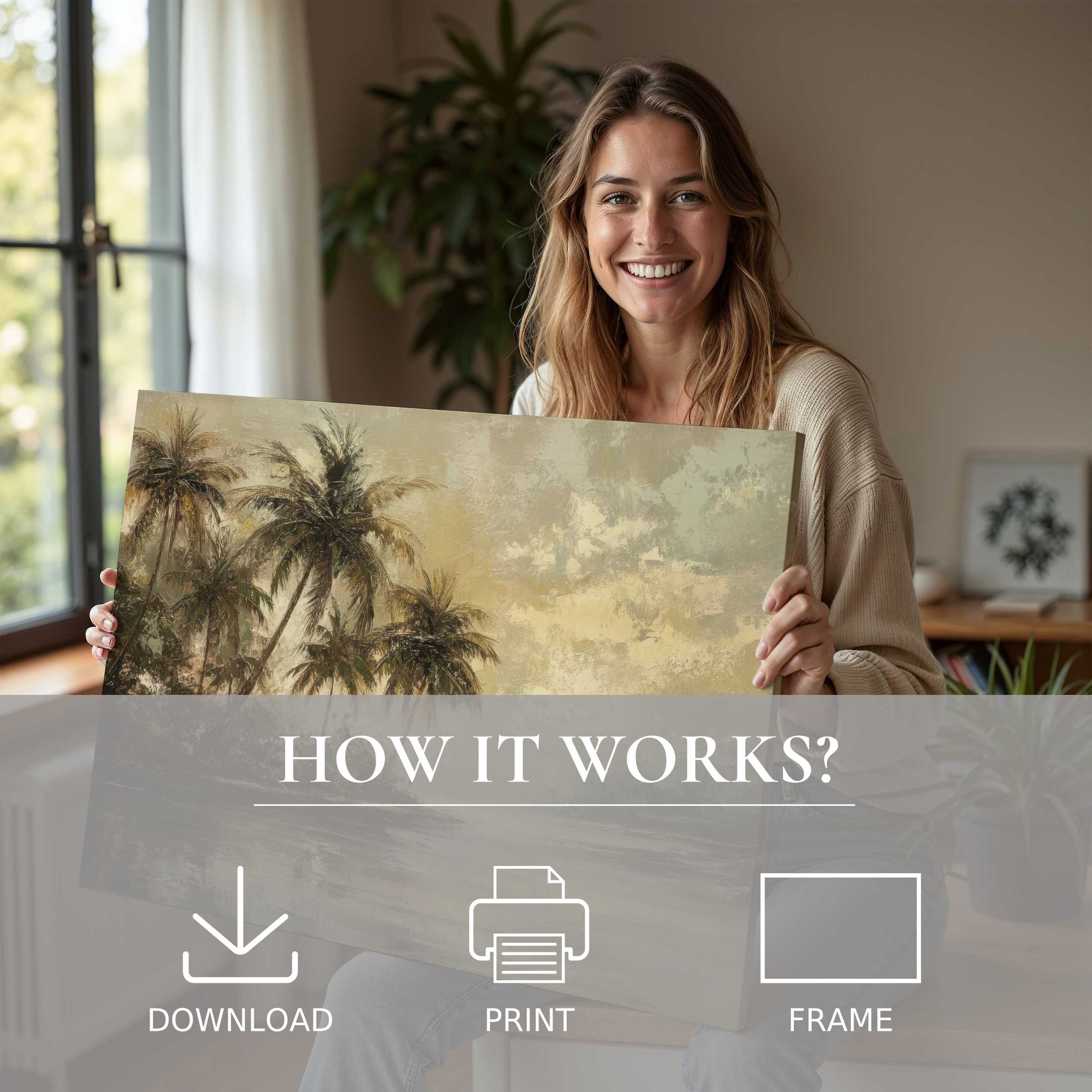 Joy radiates as a woman embraces a vintage digital art print of serene palm trees, infusing her stylish home with timeless warmth