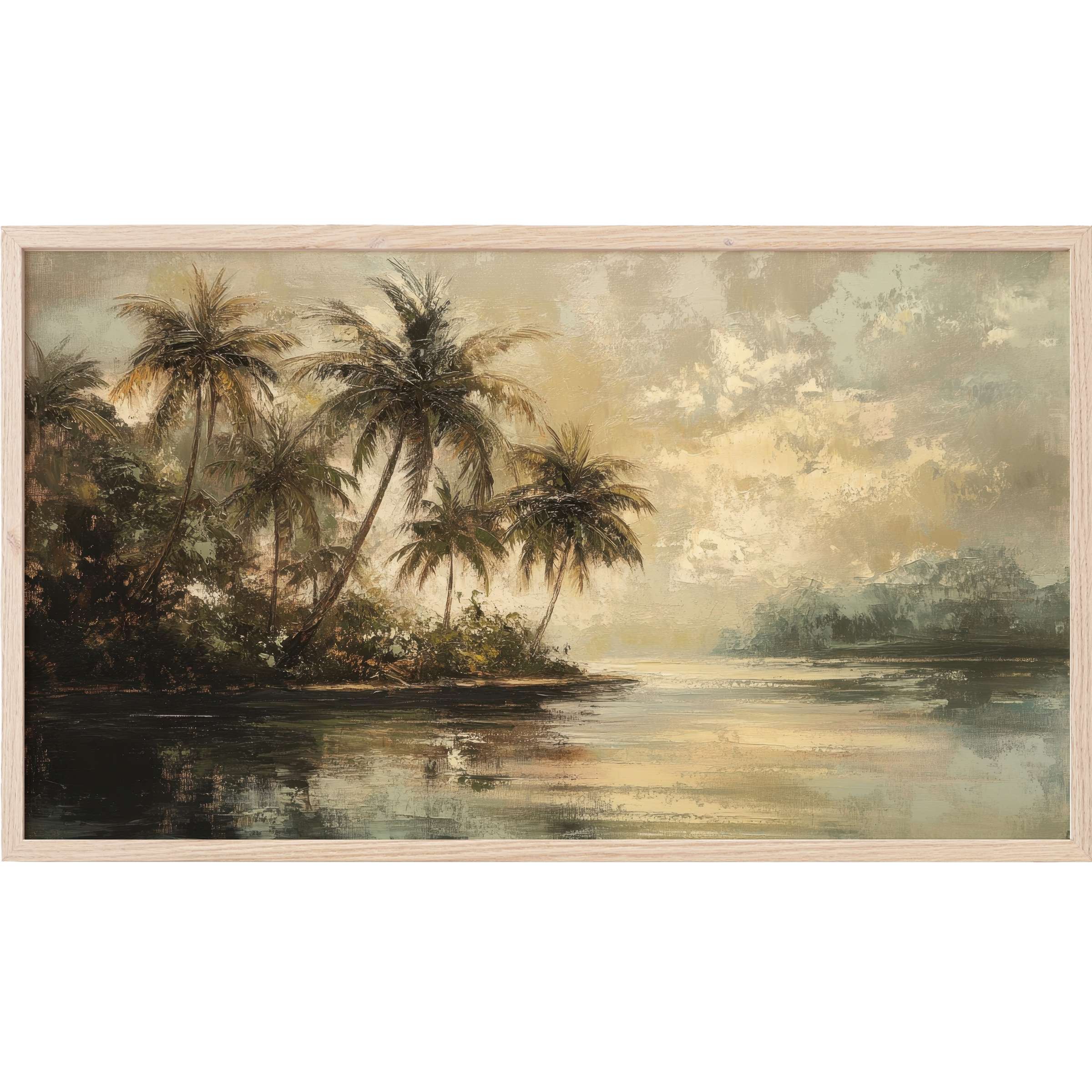 Vintage Frame TV Art depicting a serene tropical sunset with muted greens, browns, and golden hues