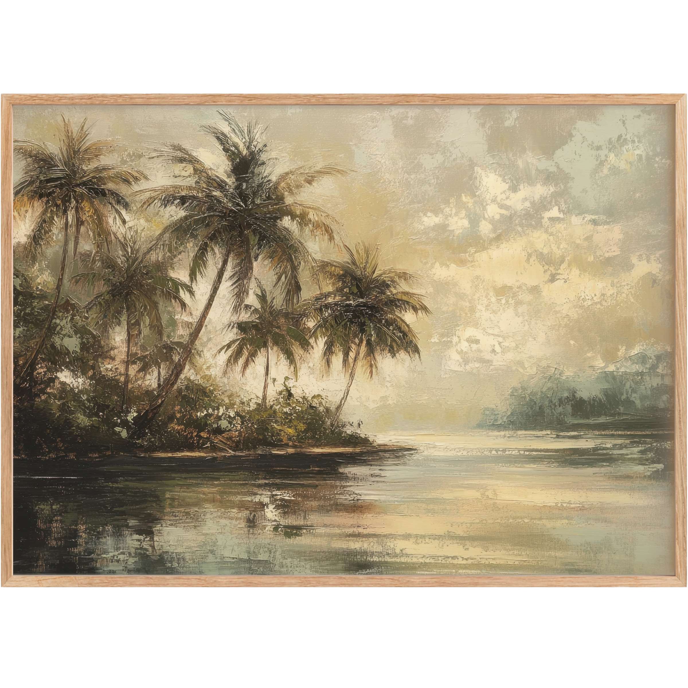 Vintage printable wall art capturing serene coastal palms in warm sepia and soft sage, evoking a timeless, tranquil ambiance