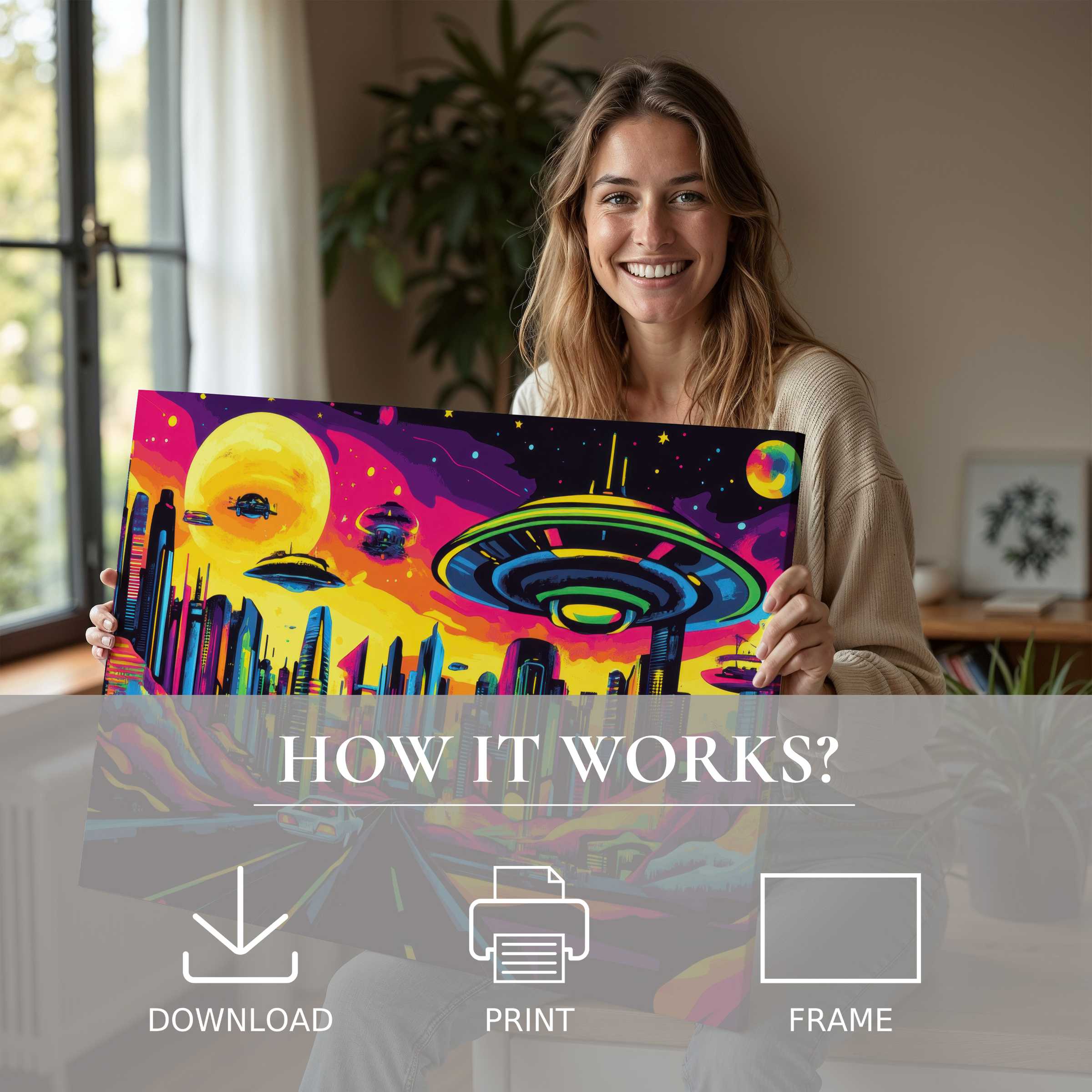 A woman joyfully embraces vibrant pop art digital art print in a serene modern home, celebrating effortless beauty