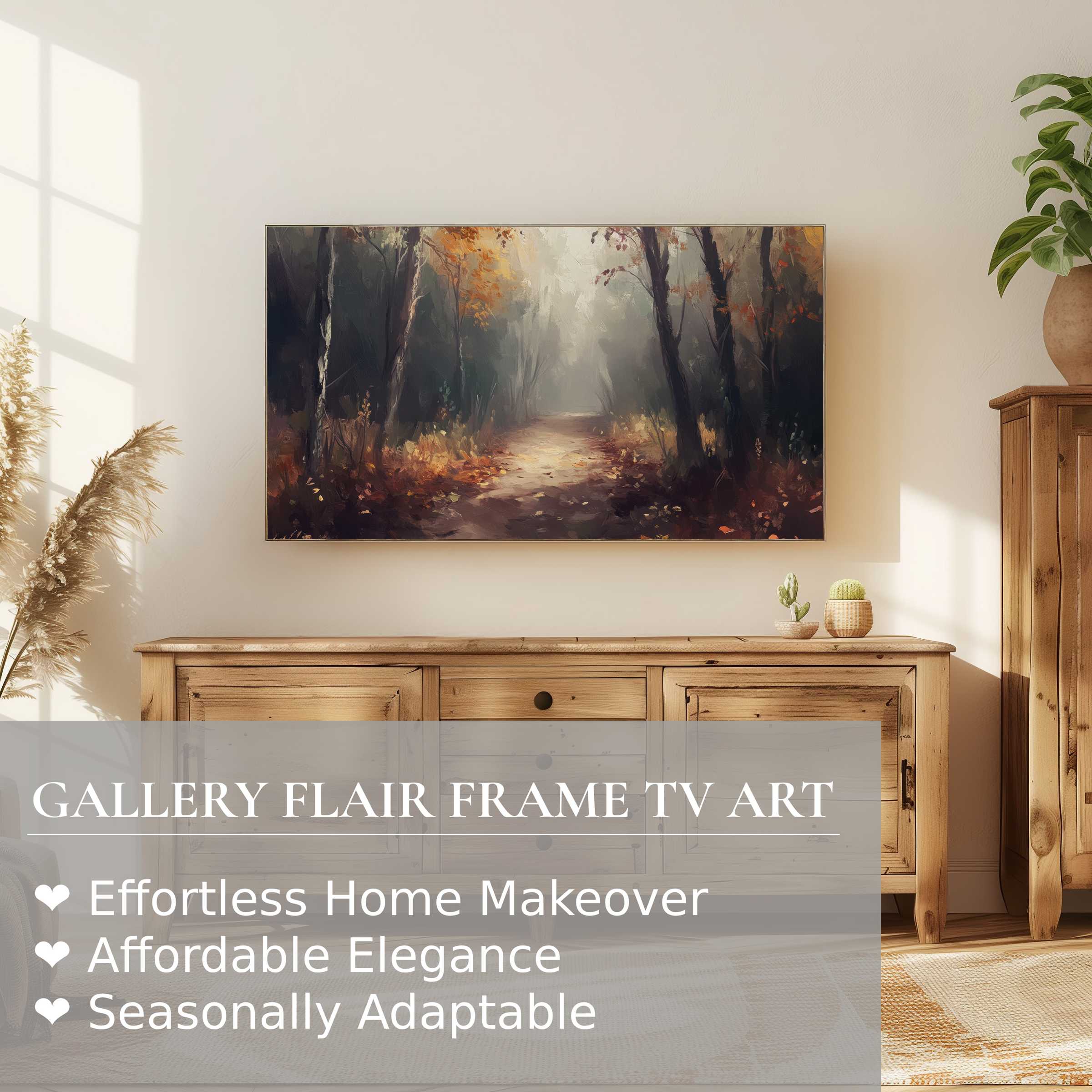 Samsung Frame TV displaying a serene autumn forest landscape digital artwork in a warm, modern setting
