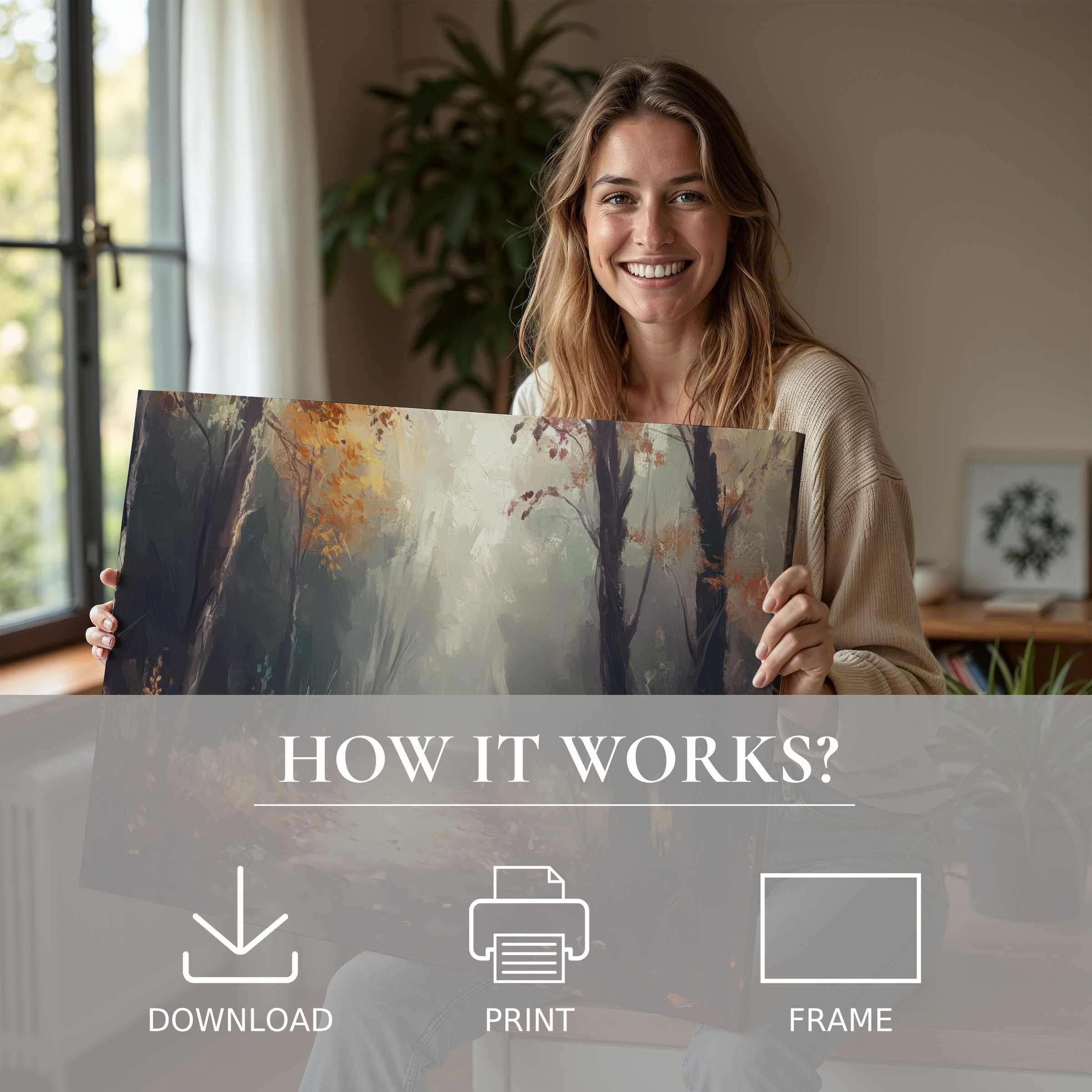 Refined woman in a modern home radiates joy, embracing a landscape digital art print that transforms ambient space with serene hues