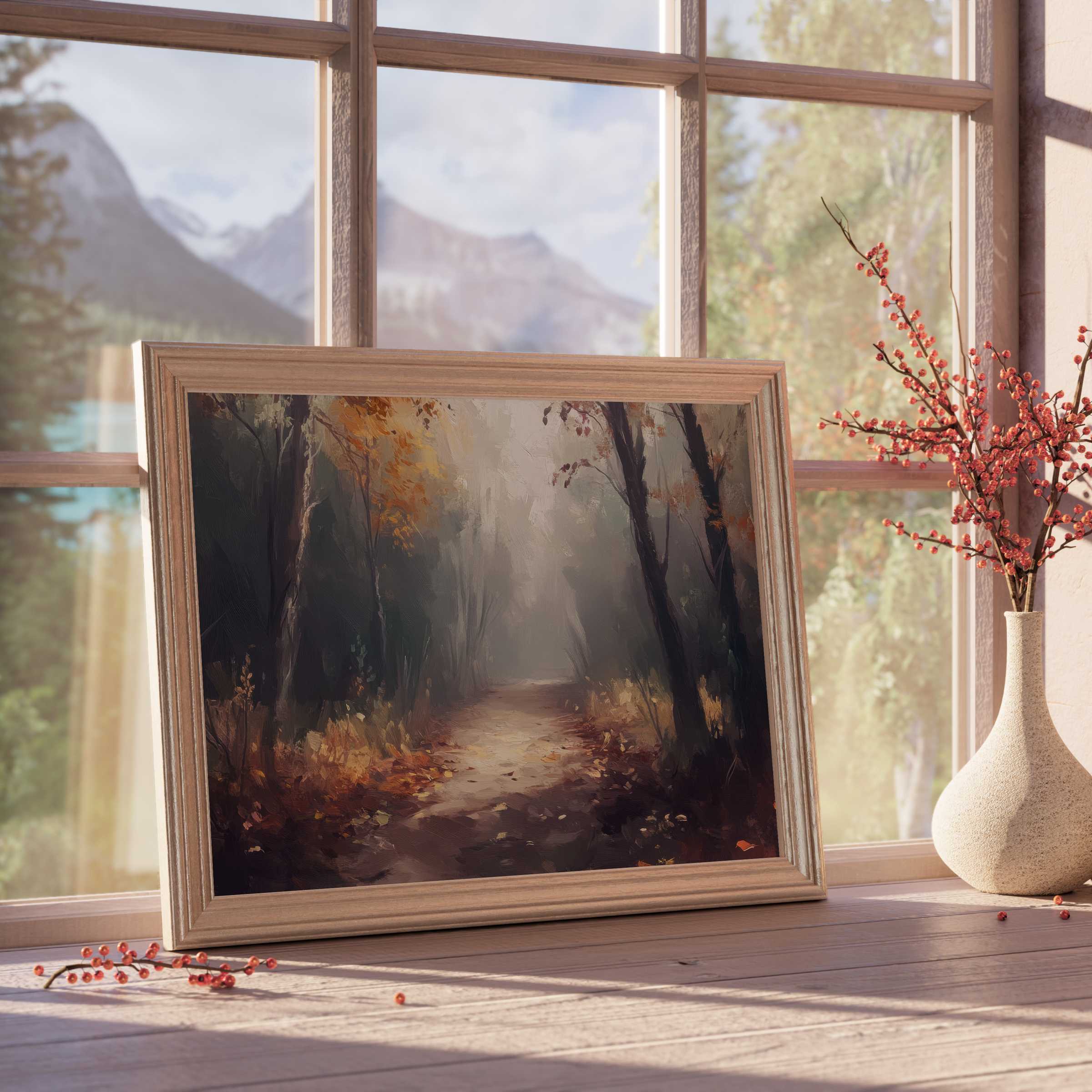 Evoke tranquil autumnal serenity with this landscape downloadable art, blending misty forest paths and warm earthy tones for curated, elegant interiors