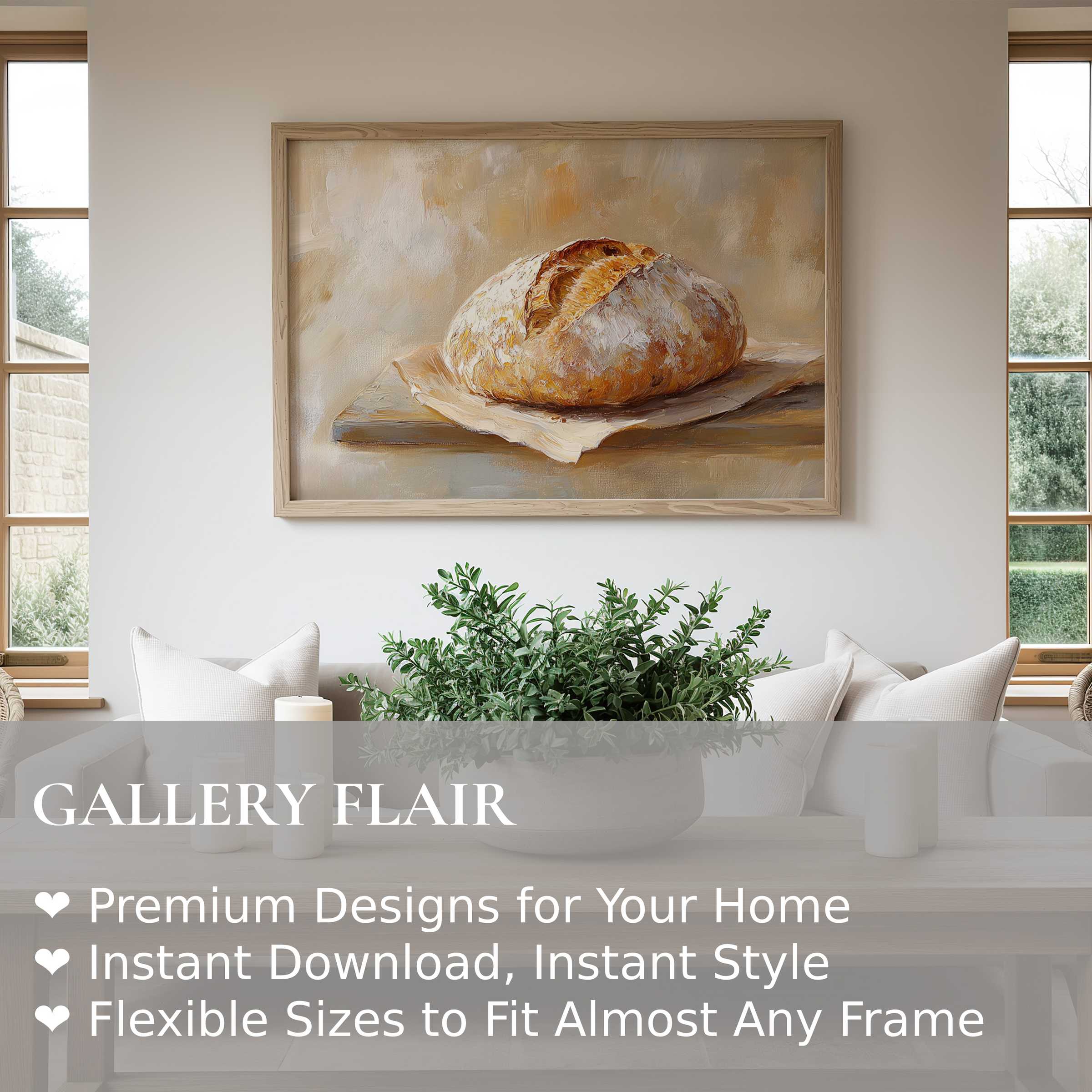Farmhouse wall art print of rustic sourdough bread adds warm, inviting charm to a modern neutral living room with soft, earthy elegance