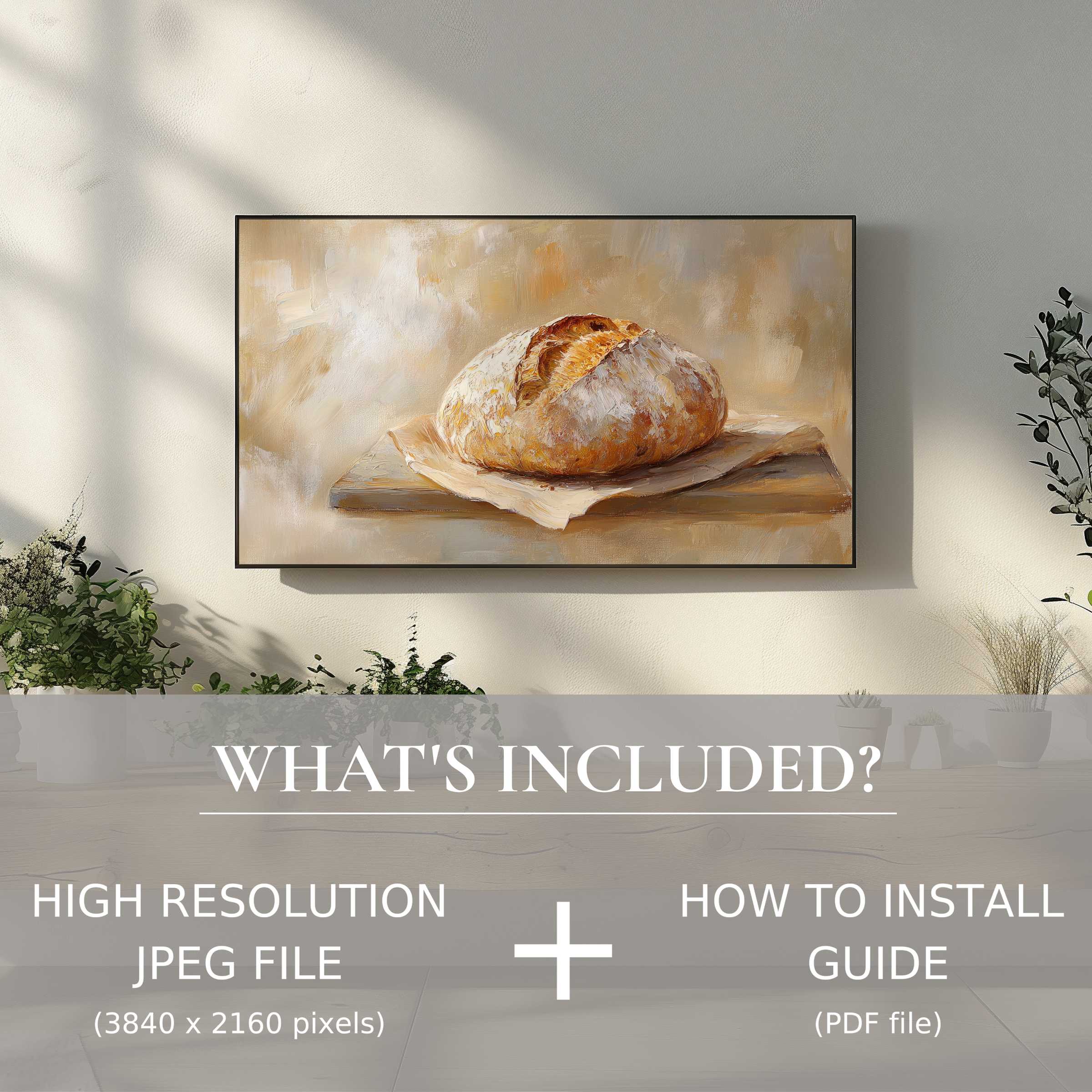 Elegant farmhouse digital TV art download featuring warm bread still life, enhancing spaces with easy digital use