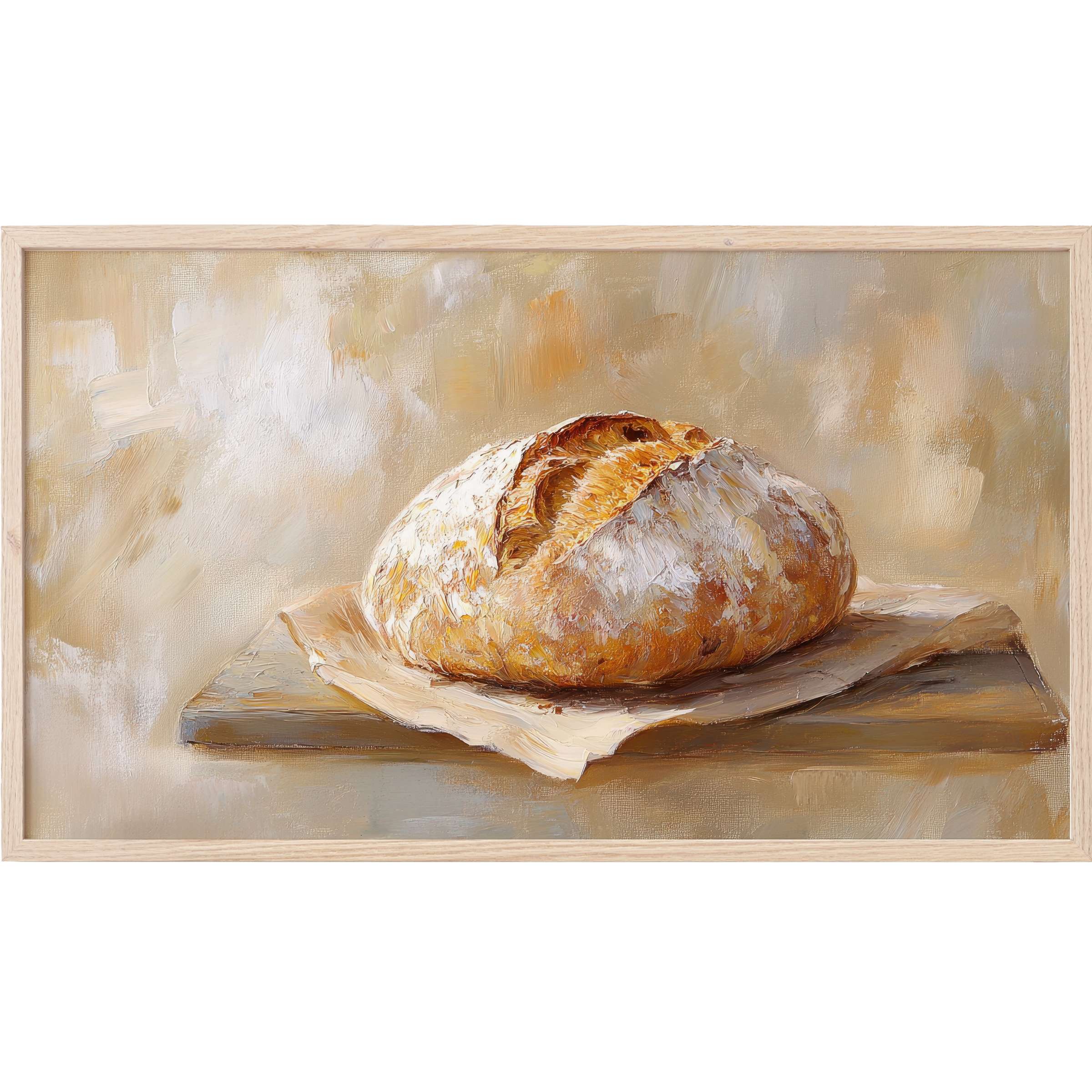 Farmhouse Frame TV Art featuring textured golden bread on parchment with soft beige and cream brushstrokes