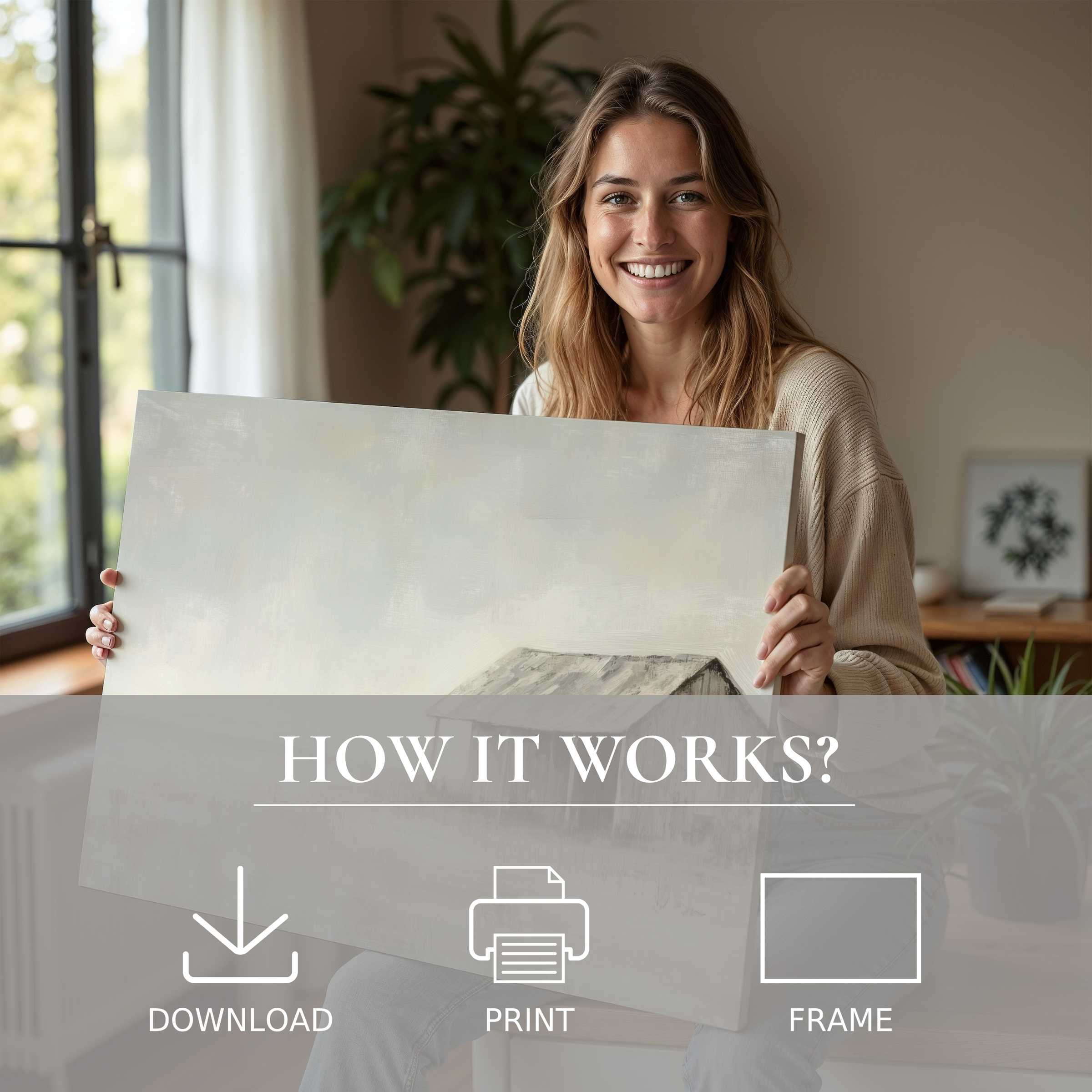 Bright, airy moment of joy as a woman embraces a coastal digital art print, revealing seamless elegance for refined living
