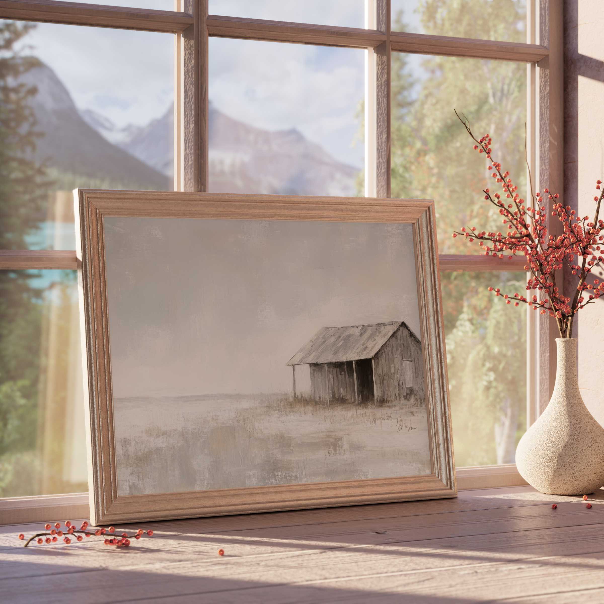 Coastal downloadable art of a serene weathered beach shack, enhancing tranquil, curated interiors with soft neutrals and warm natural textures