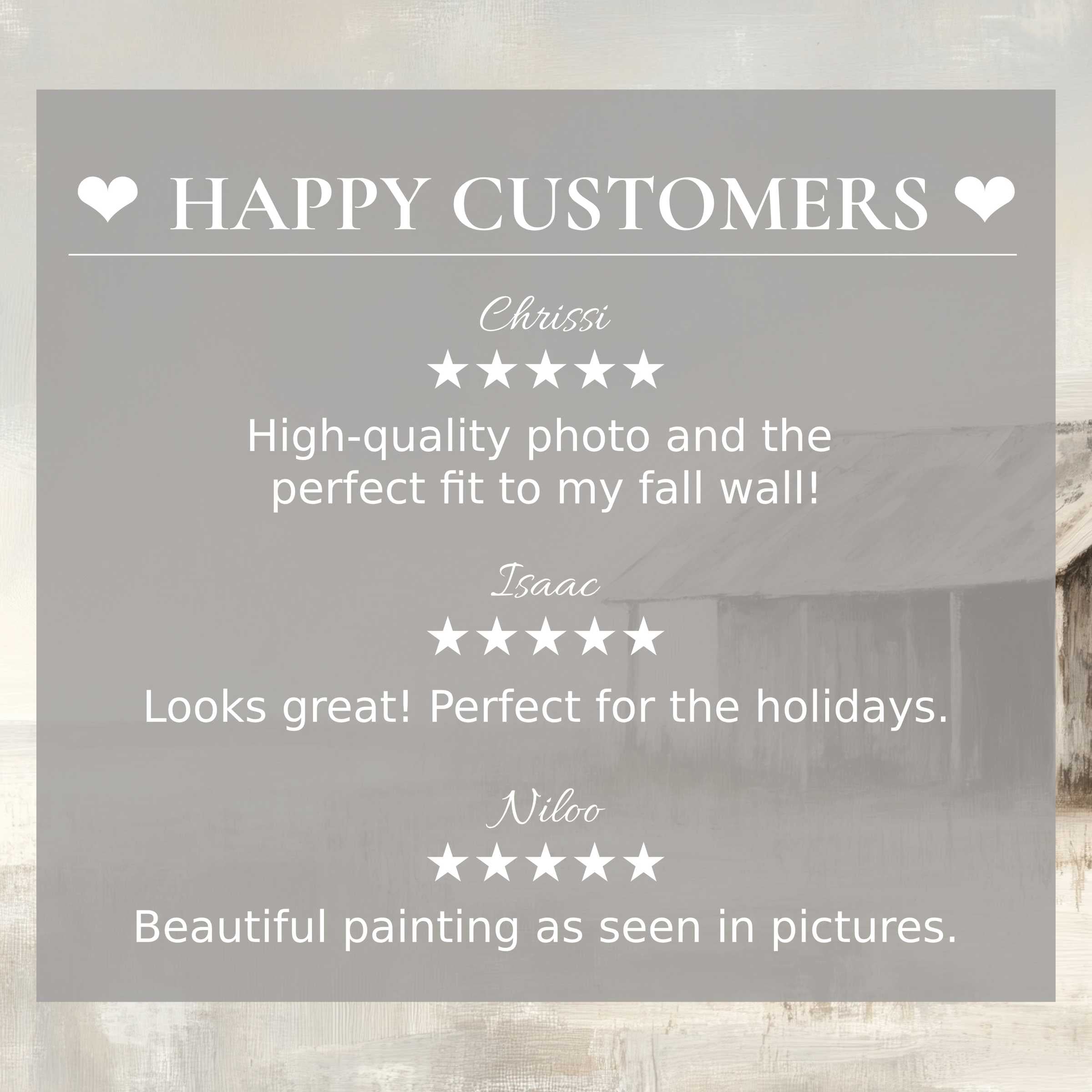 Coastal art for Frame TV with muted beach hut background, happy customer reviews build trust and highlight elegance