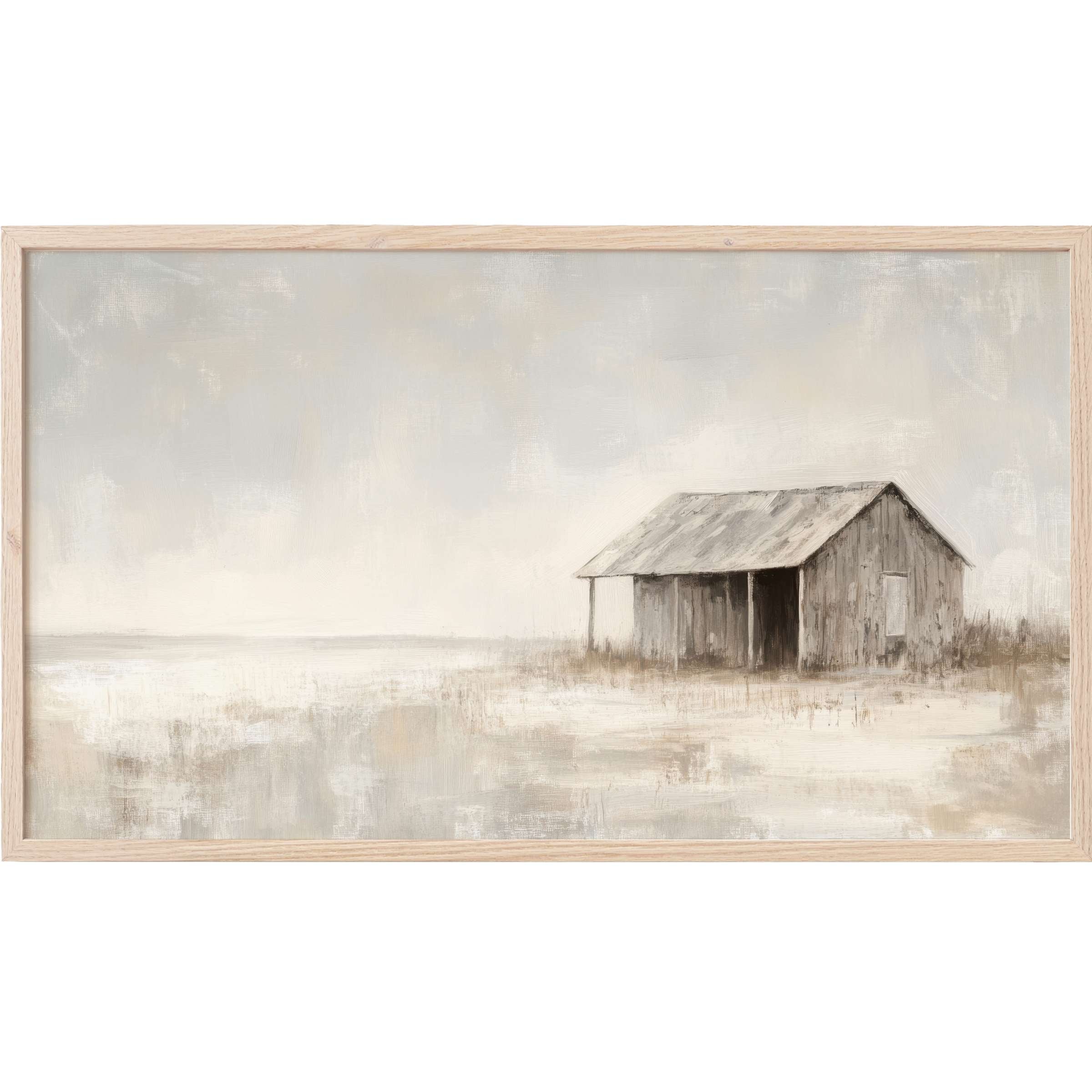 Muted coastal landscape with weathered shack in soft grays and beiges, a serene coastal Frame TV Art piece