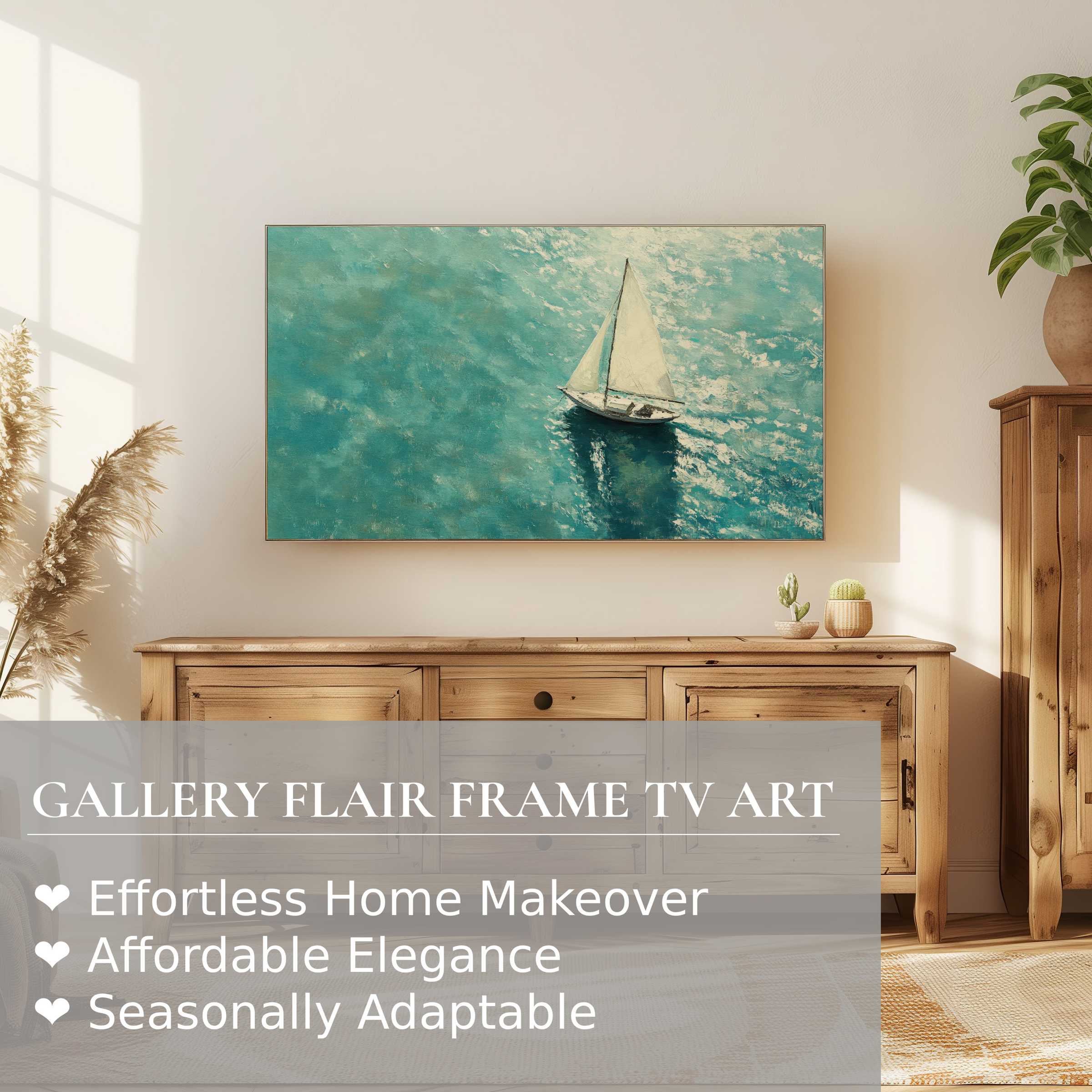 Samsung Frame TV displaying summer digital artwork of sailboat on shimmering sea in elegant modern living room