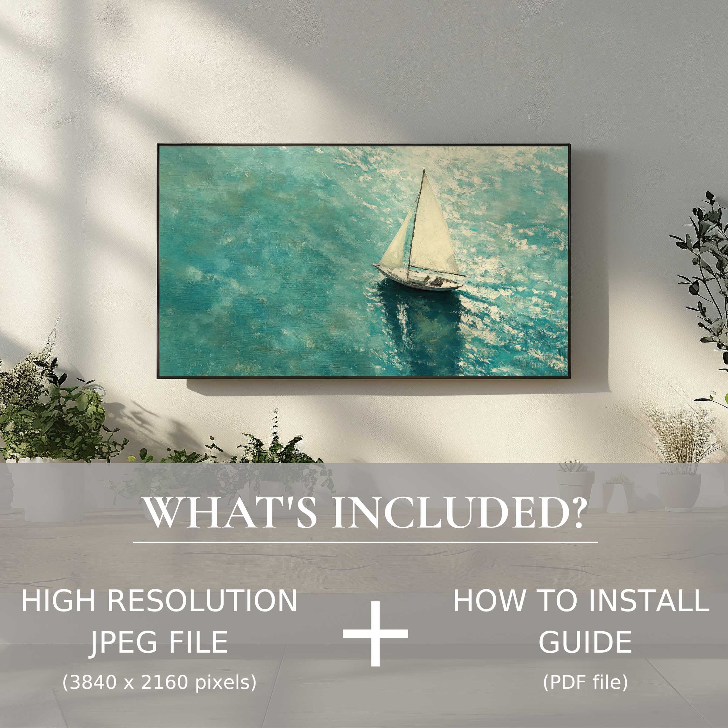 Elegant summer digital TV art download of sailboat on shimmering sea, enhancing modern spaces with easy digital use