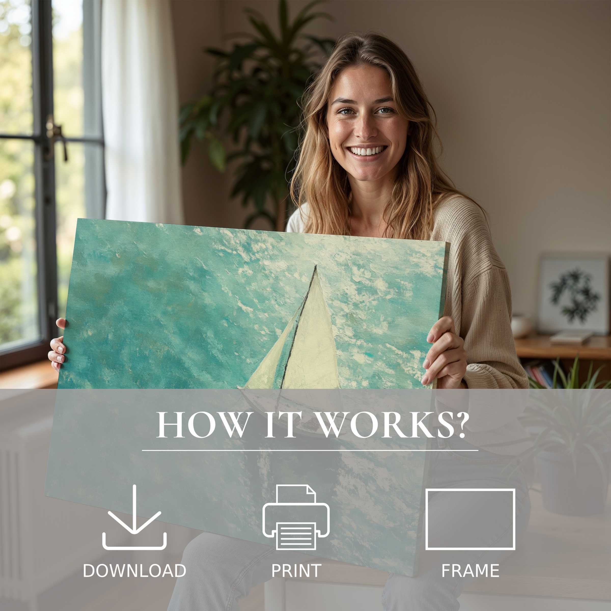 A serene moment of joy as a woman embraces a summer digital art print of a sailboat, enriching her modern home with effortless, elegant beauty