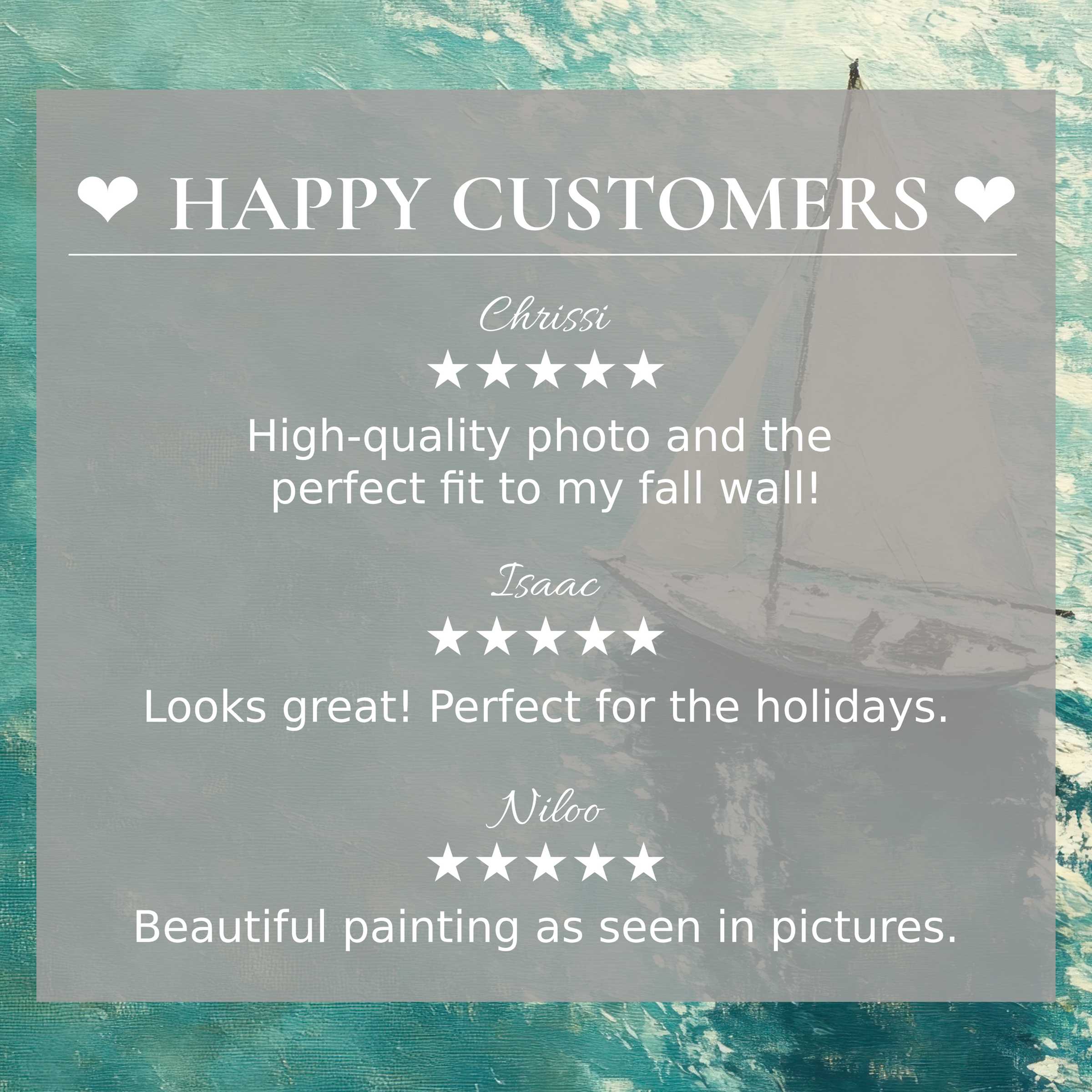 Elegant summer art for Frame TV with abstract ocean hues; layout inspires trust showcasing happy customers’ glowing reviews
