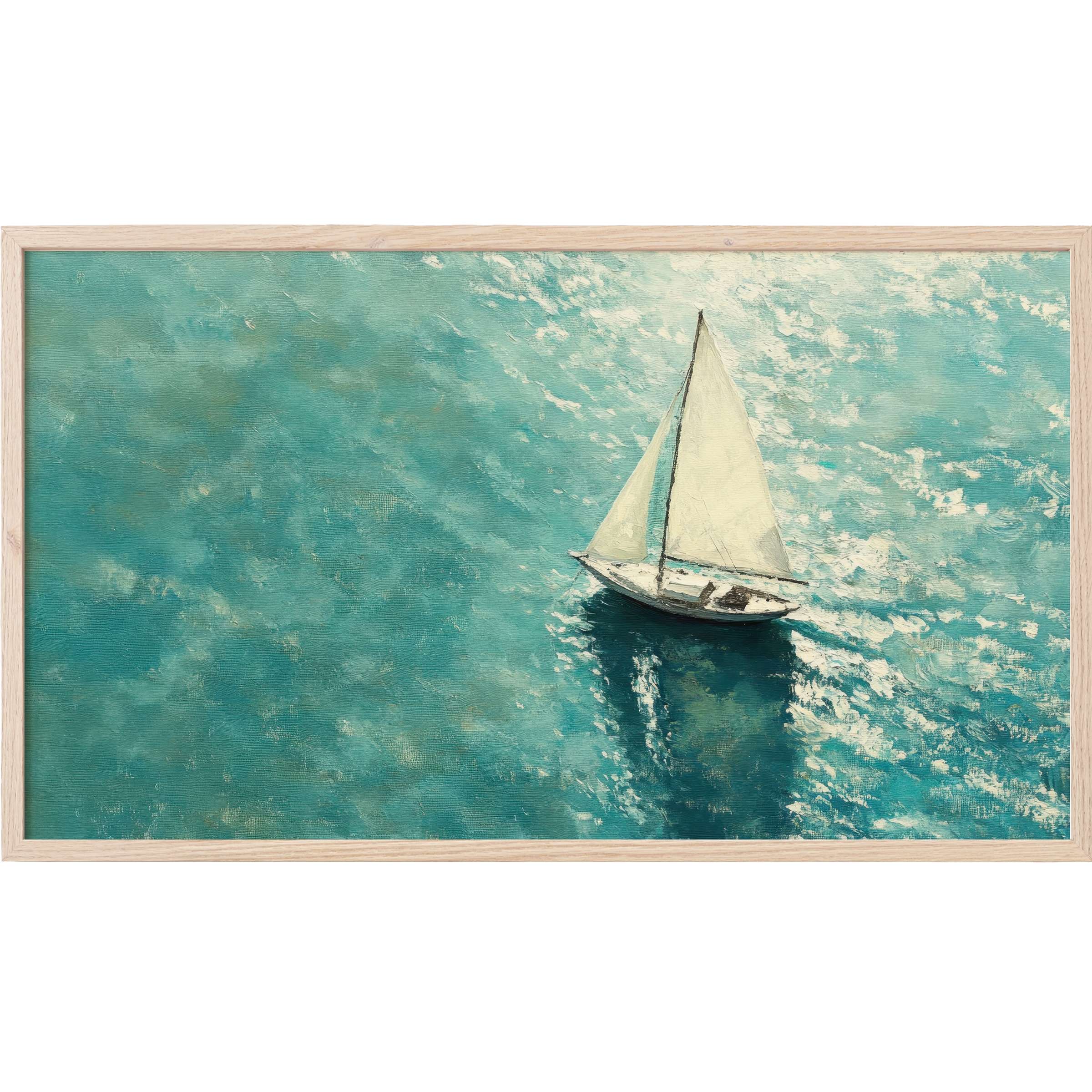 Serene sailboat gliding on shimmering turquoise waters in an impressionist style summer Frame TV Art