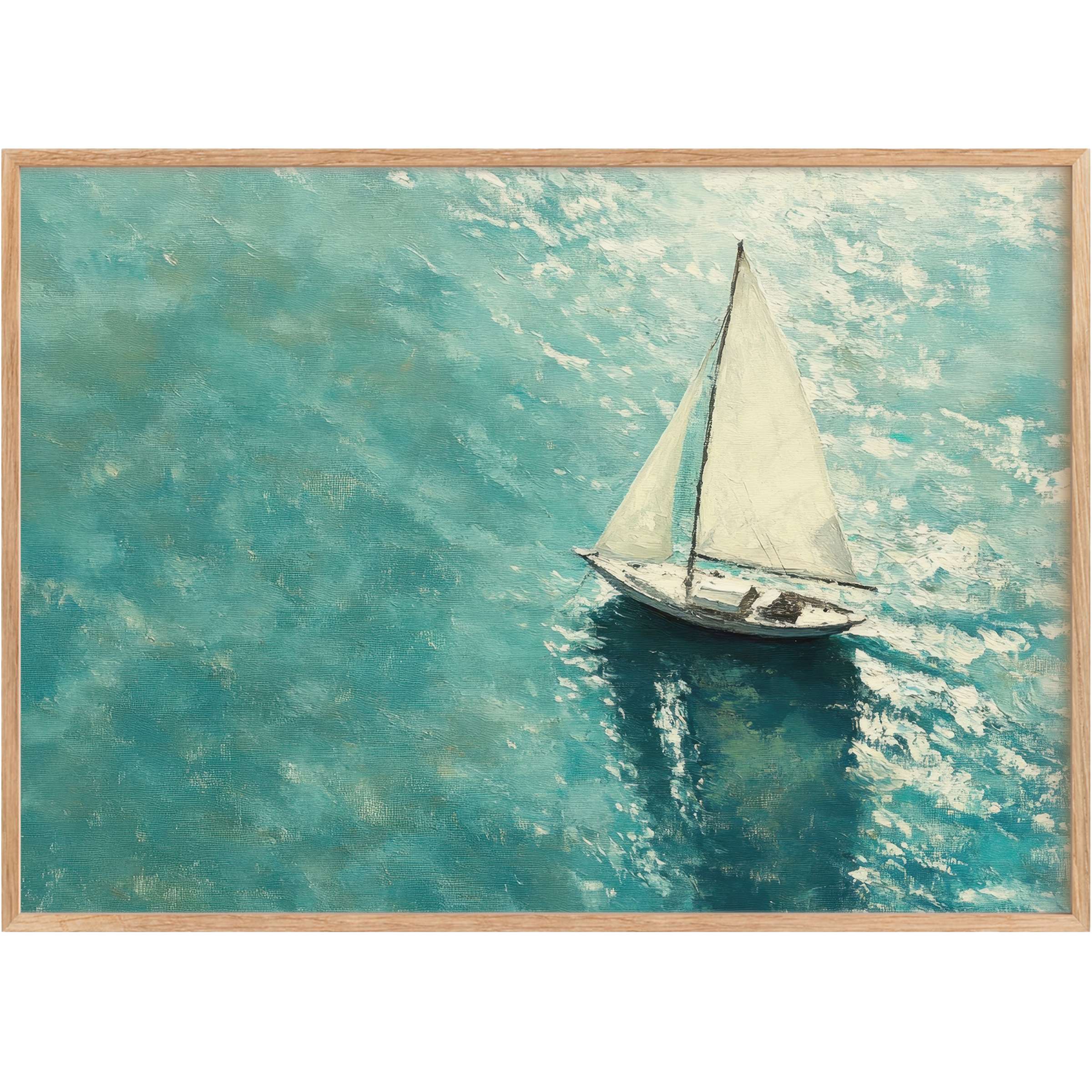 Tranquil summer printable wall art capturing a lone sailboat gliding over luminous turquoise waters, evoking serene coastal elegance