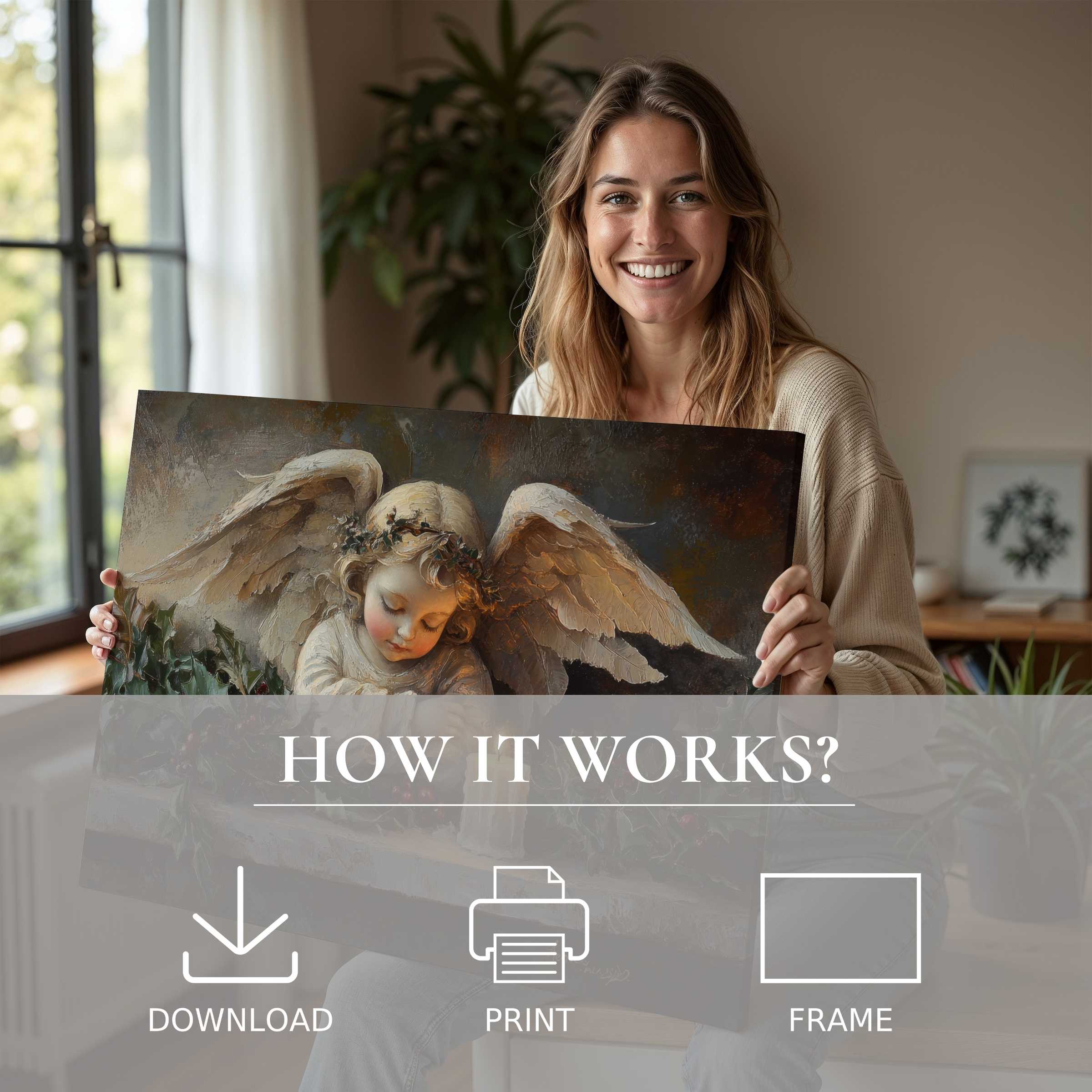 Grace fills a modern home as a woman joyfully reveals a Christmas digital art print, inviting serene warmth and effortless elegance