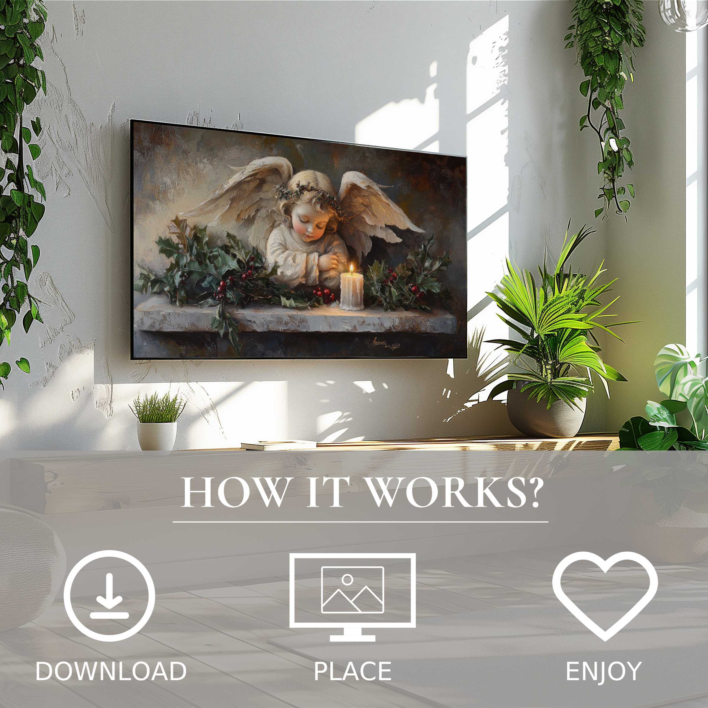 Cozy living room with easy digital download christmas art for Samsung TV, featuring soft candlelit angel motif