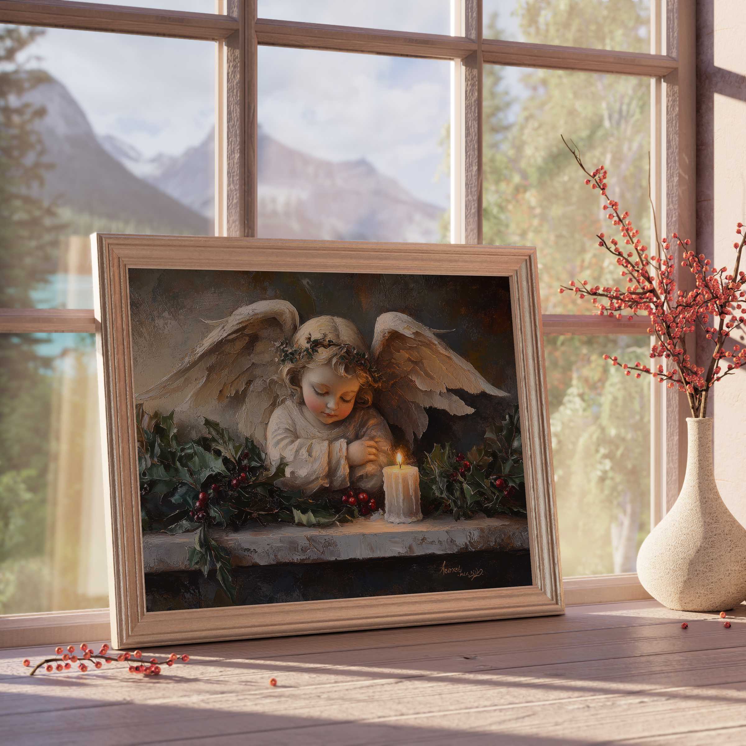 Christmas downloadable art of a serene angel embraced by warm candlelight and festive holly, elevating elegant, tranquil interiors