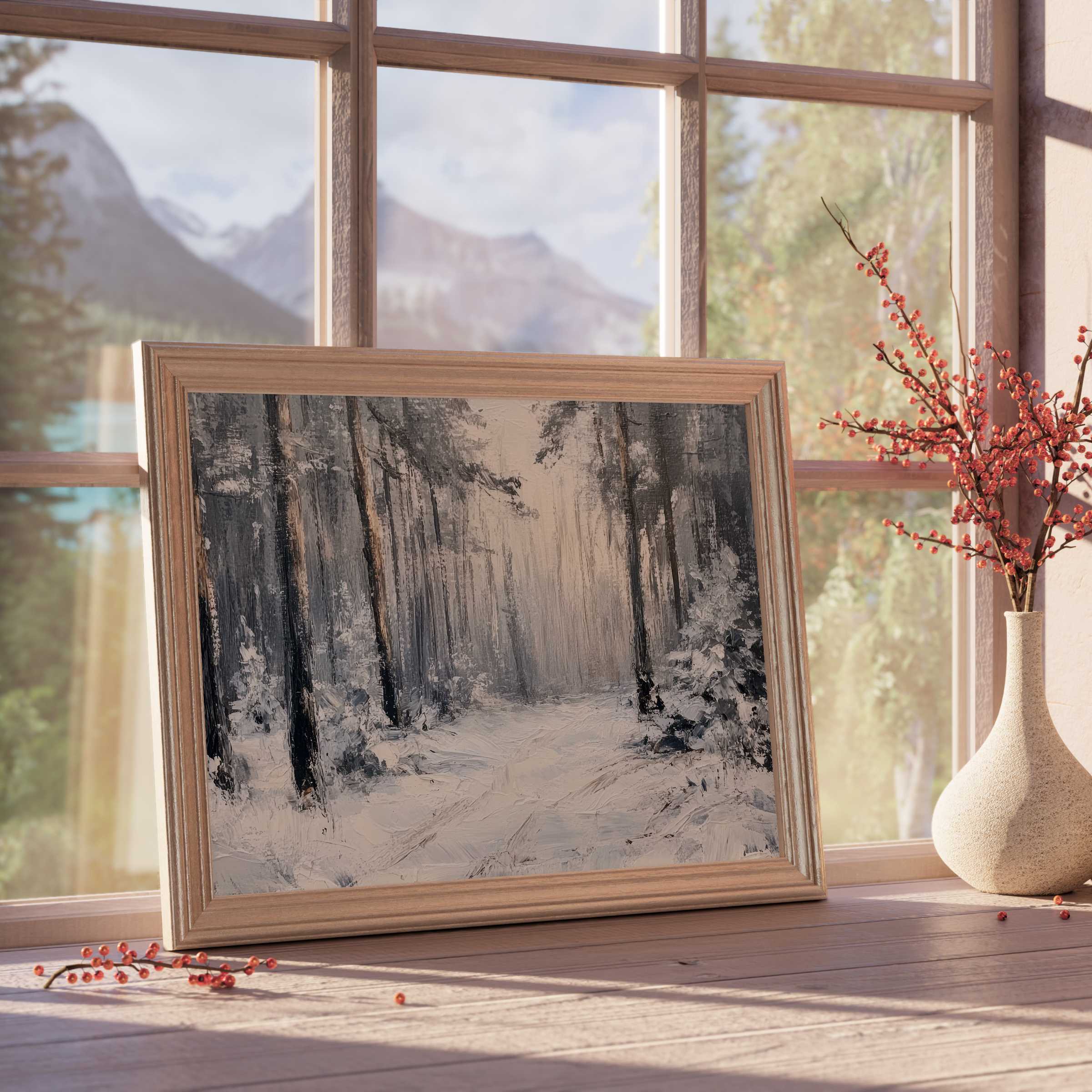 Winter downloadable art capturing a serene snow-laden forest path, enriching refined interiors with tranquil, nature-inspired elegance and subtle luxury