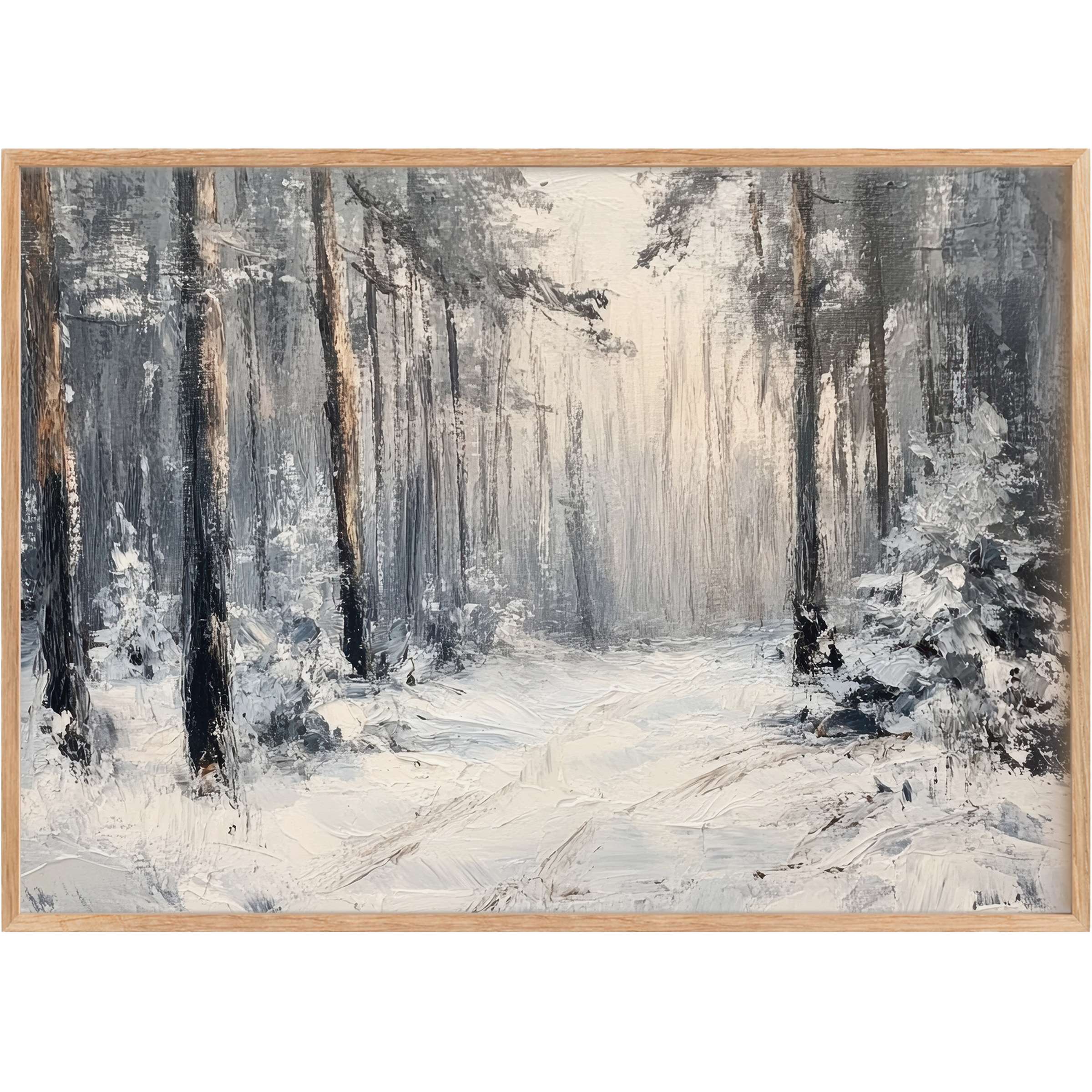 Mystical winter printable wall art capturing a serene snow-blanketed forest in soft greys and warm light