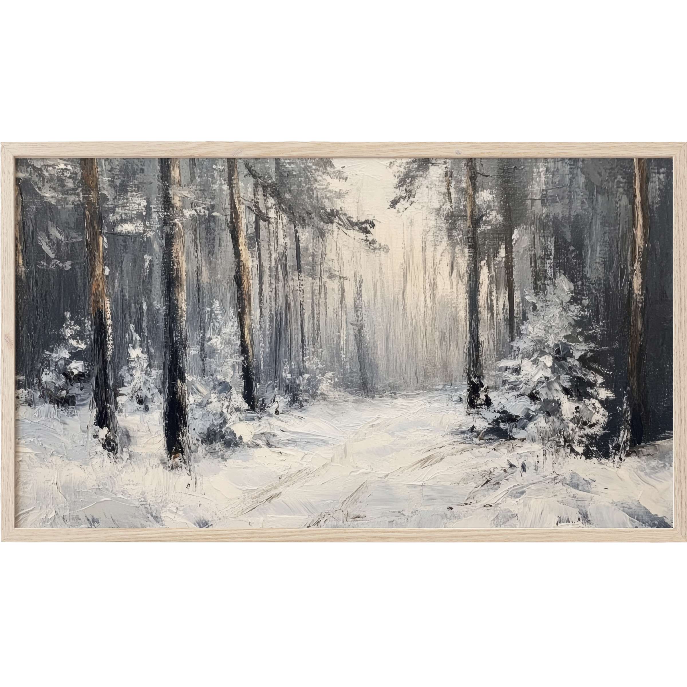 Winter Frame TV Art depicting a serene snow-laden forest in muted grays and whites, textured and atmospheric
