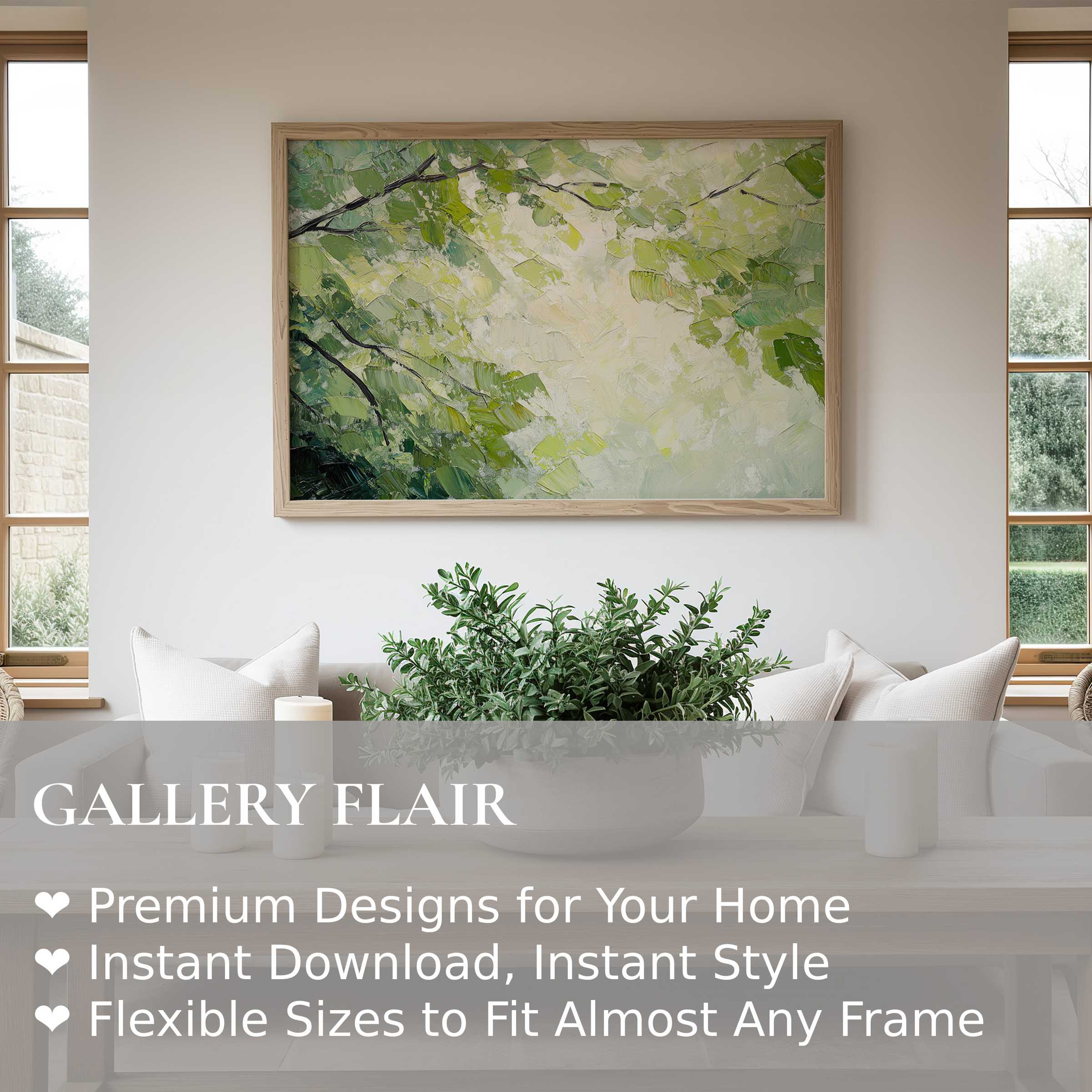 Spring wall art print with lush green foliage and soft light, enhancing modern minimalist interiors with calming, natural elegance
