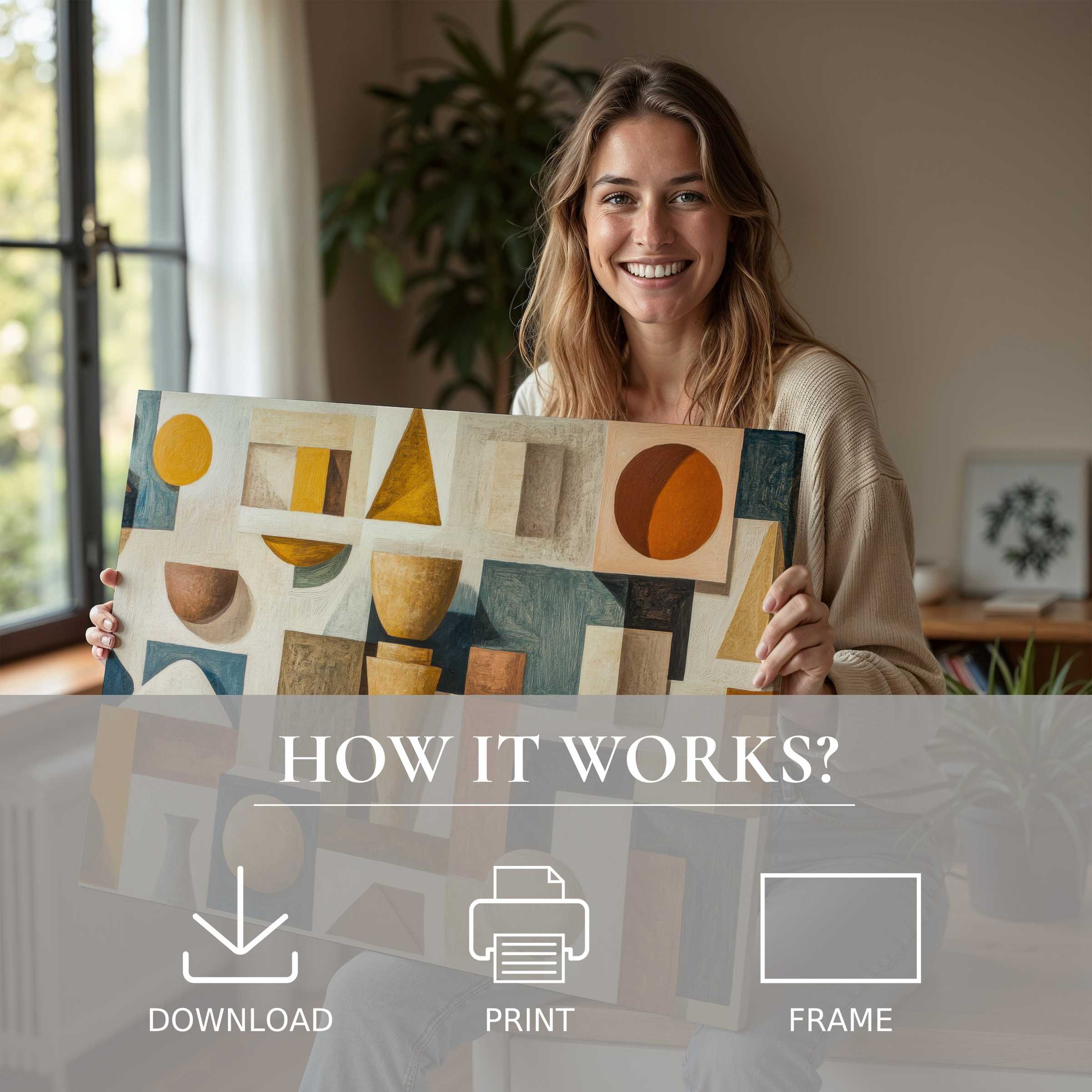 Radiating joy and warmth, a serene moment reveal the effortless charm of boho digital art print brightening a modern home