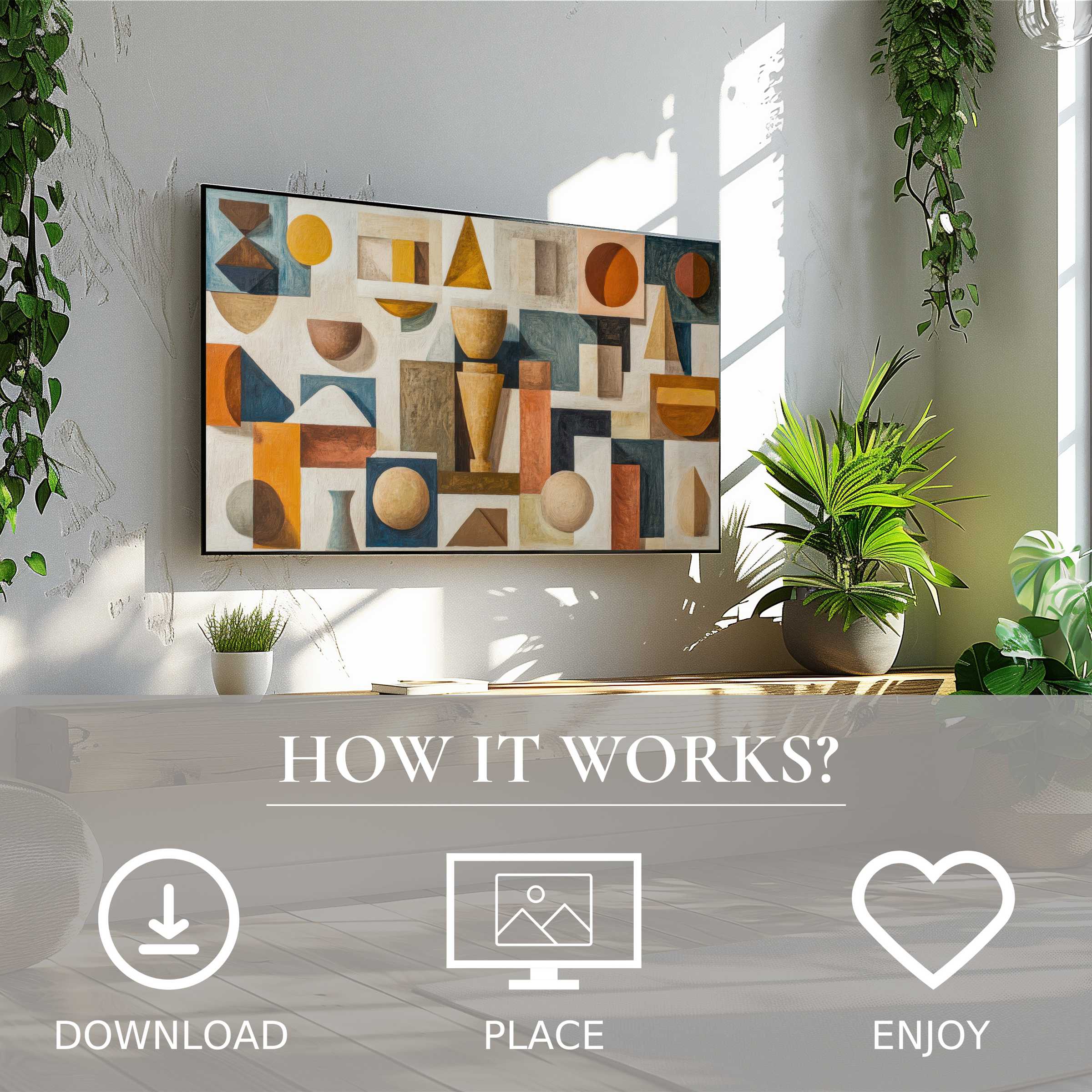 Boho art for Samsung TV with warm geometric shapes enriching bright spaces, easy digital download and display
