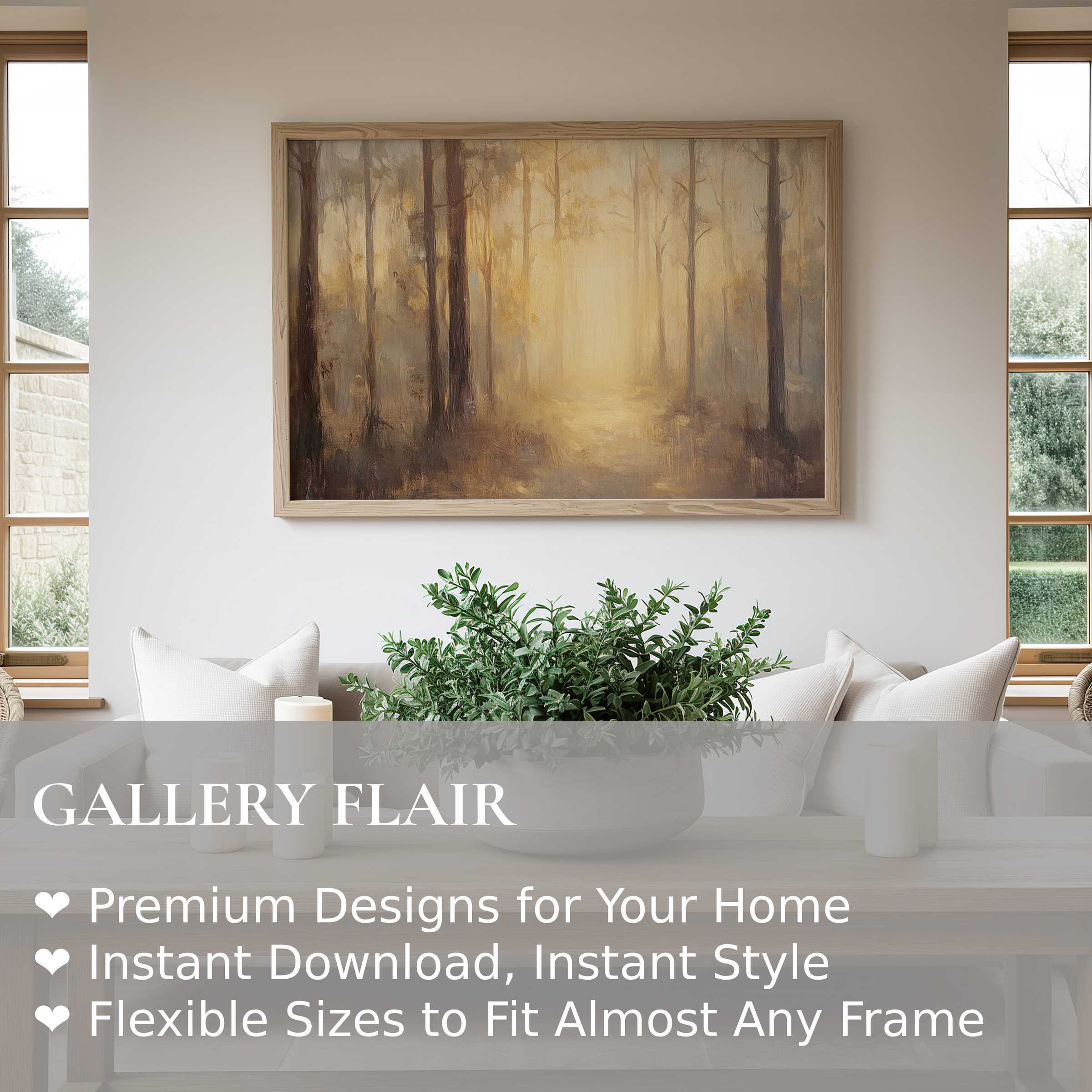 Fall wall art print depicting a radiant forest path in warm amber tones, enhancing serene modern farmhouse interiors