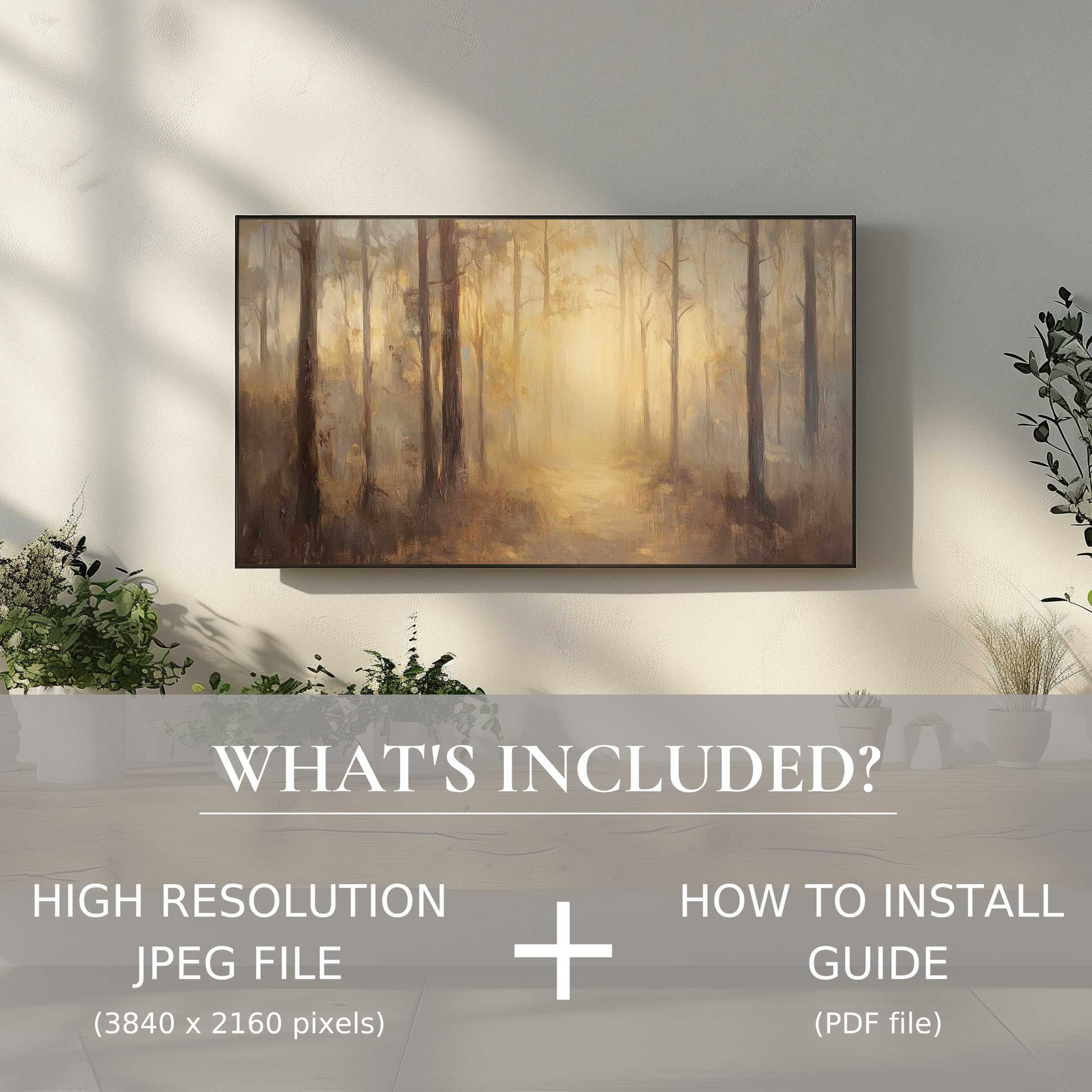 Elegant fall digital TV art download depicting a serene forest, enhancing spaces with easy digital use and style