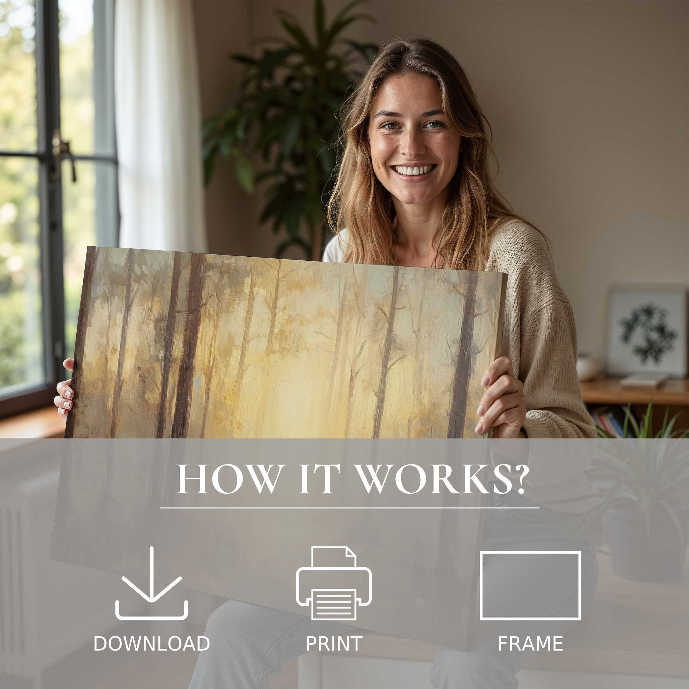 A fall digital art print radiates warmth and calm as a woman joyfully shares its golden, misty forest hues within a sleek, modern home