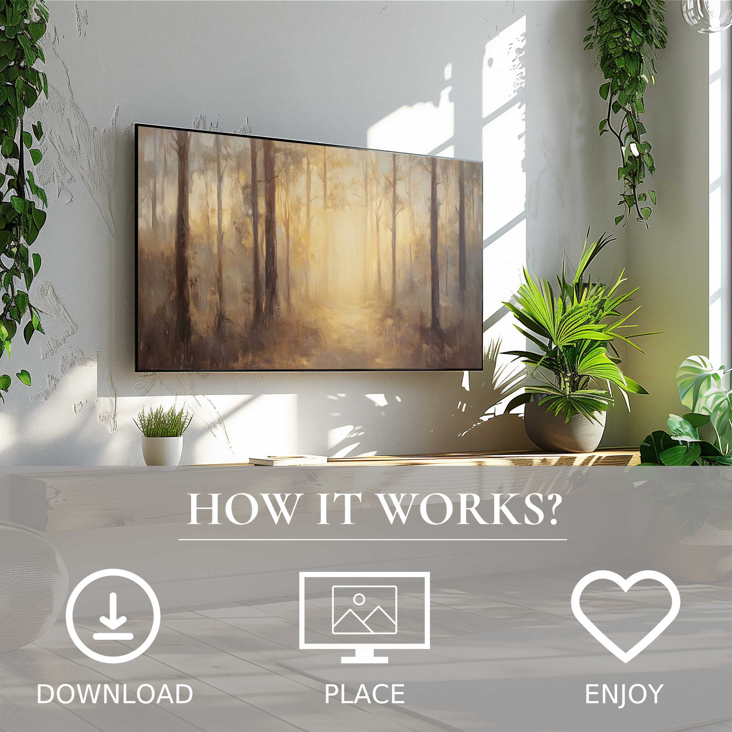 Fall art for Samsung TV: digital download with soft golden mist forest motif enhances modern living space