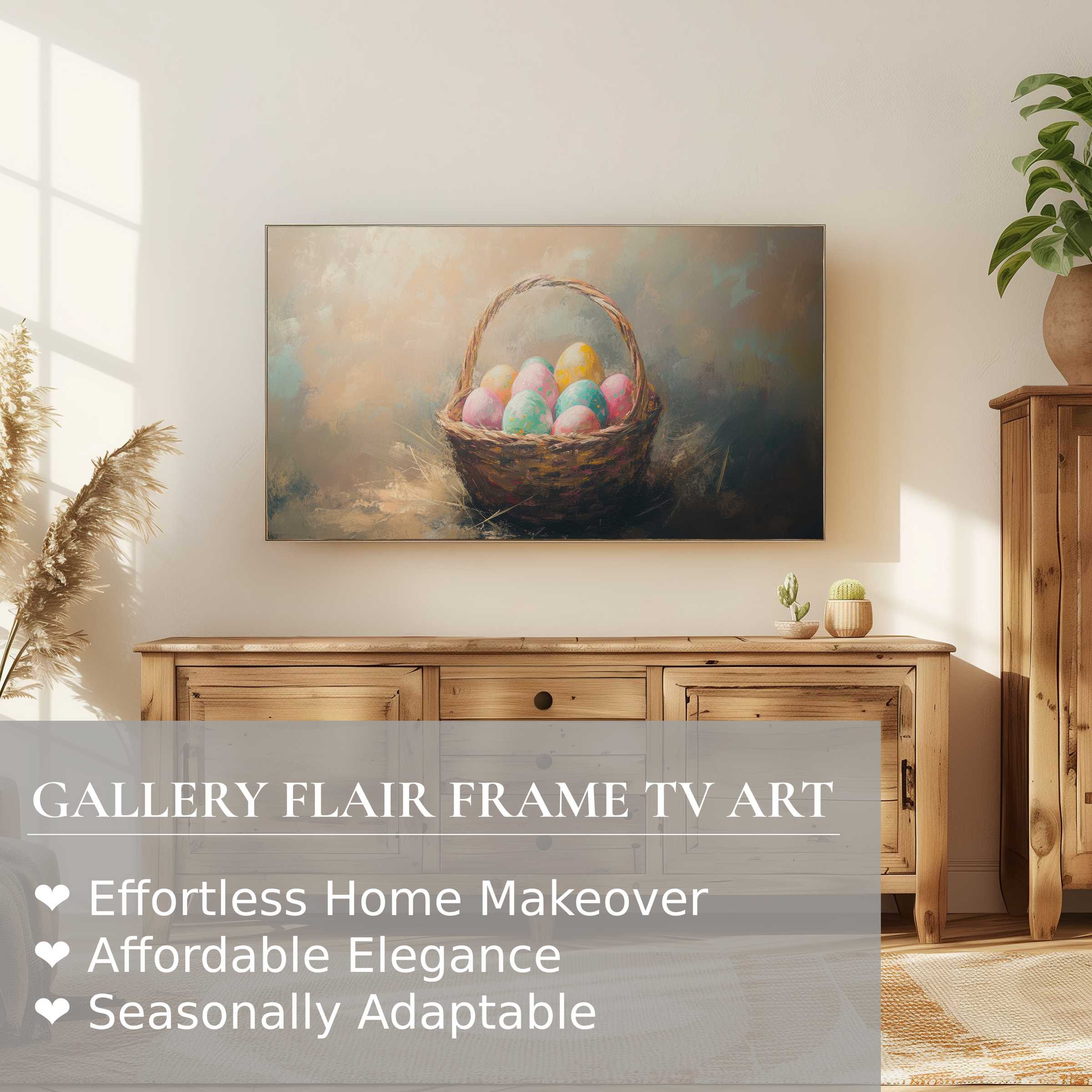 Samsung Frame TV displaying elegant, soft-toned easter digital artwork of pastel eggs in a woven basket
