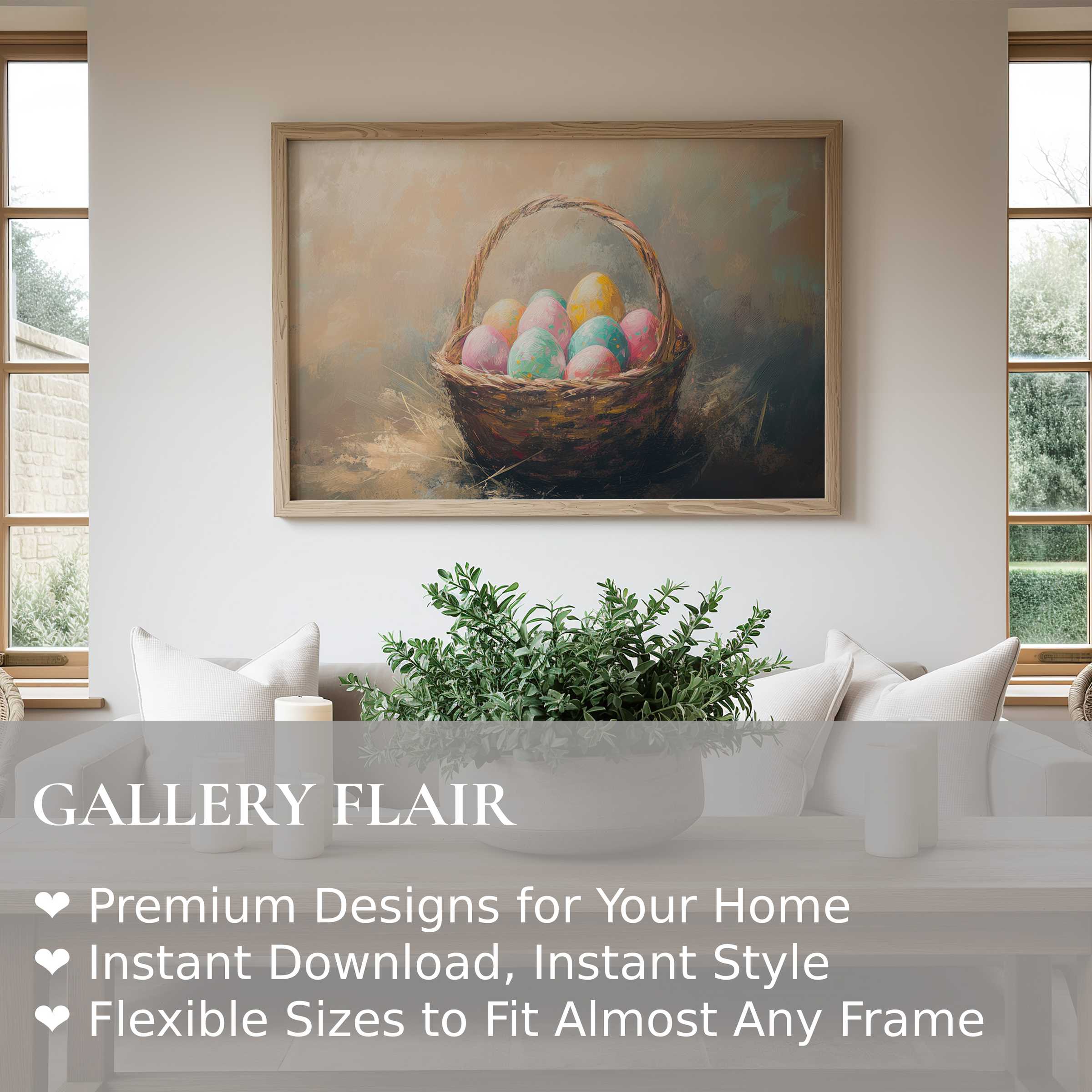 Easter wall art print featuring a radiant basket of pastel eggs, enriching modern minimalist decor with soft, serene charm