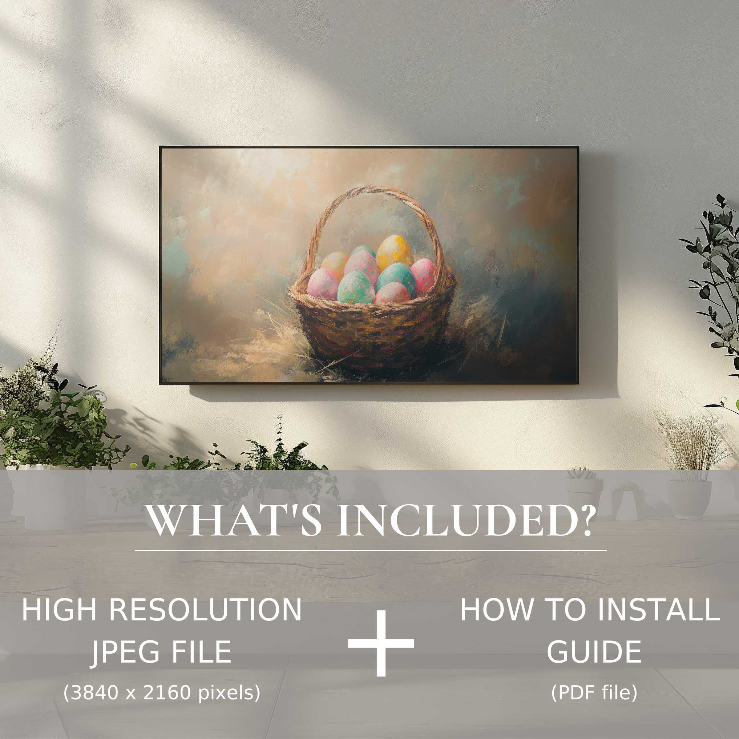 Elegant easter digital TV art download featuring pastel eggs in a basket, enhancing modern living spaces with easy digital use