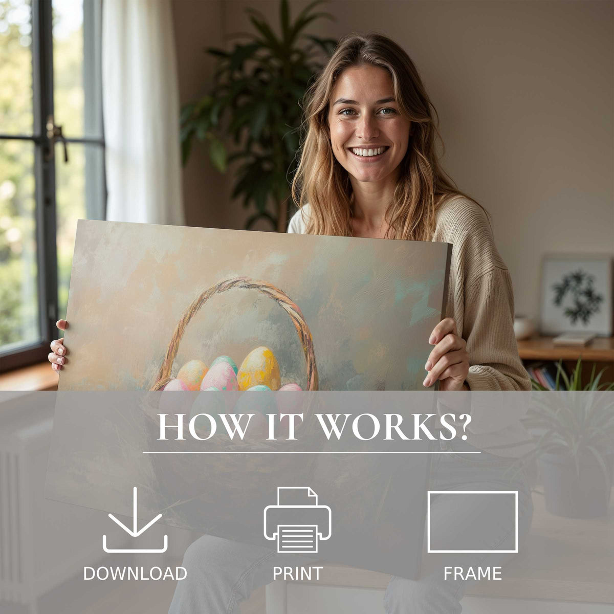 A radiant moment of connection in a modern home, showcasing an easter digital art print that effortlessly enriches space