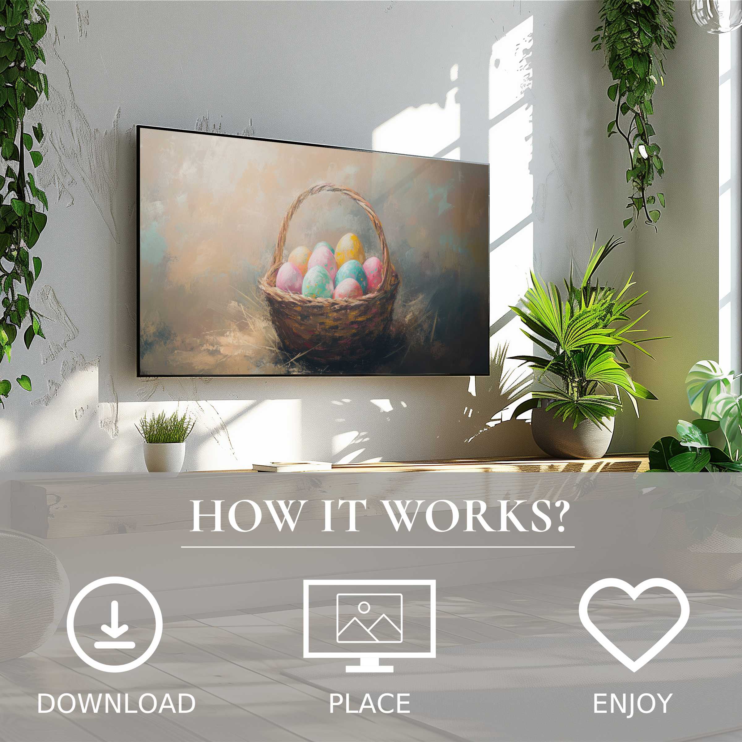 Modern living room with easter art for Samsung TV, soft pastel basket motif, easy digital download enhances space