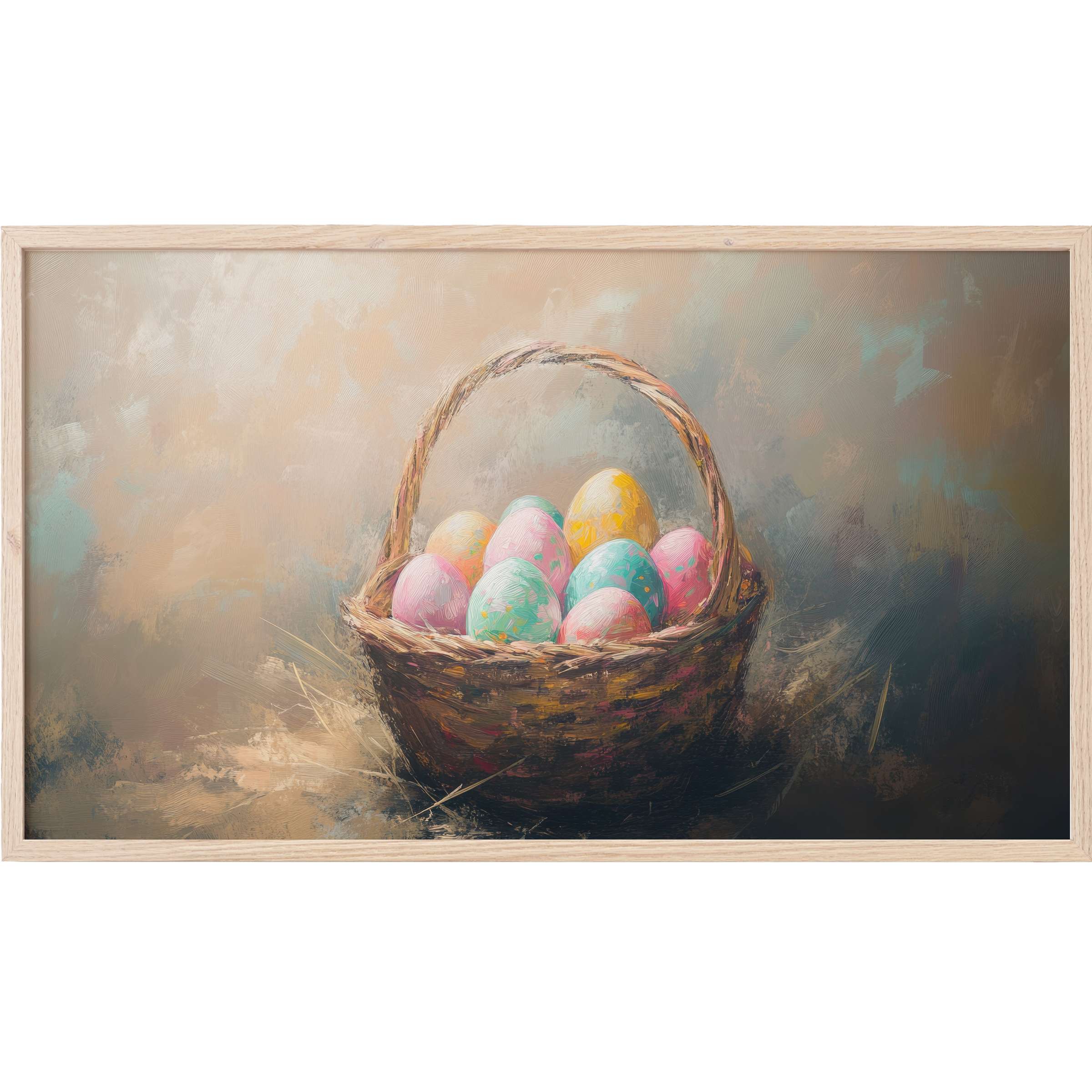 Elegant easter Frame TV Art with pastel eggs in a textured basket, soft muted tones, and impressionist brushstrokes
