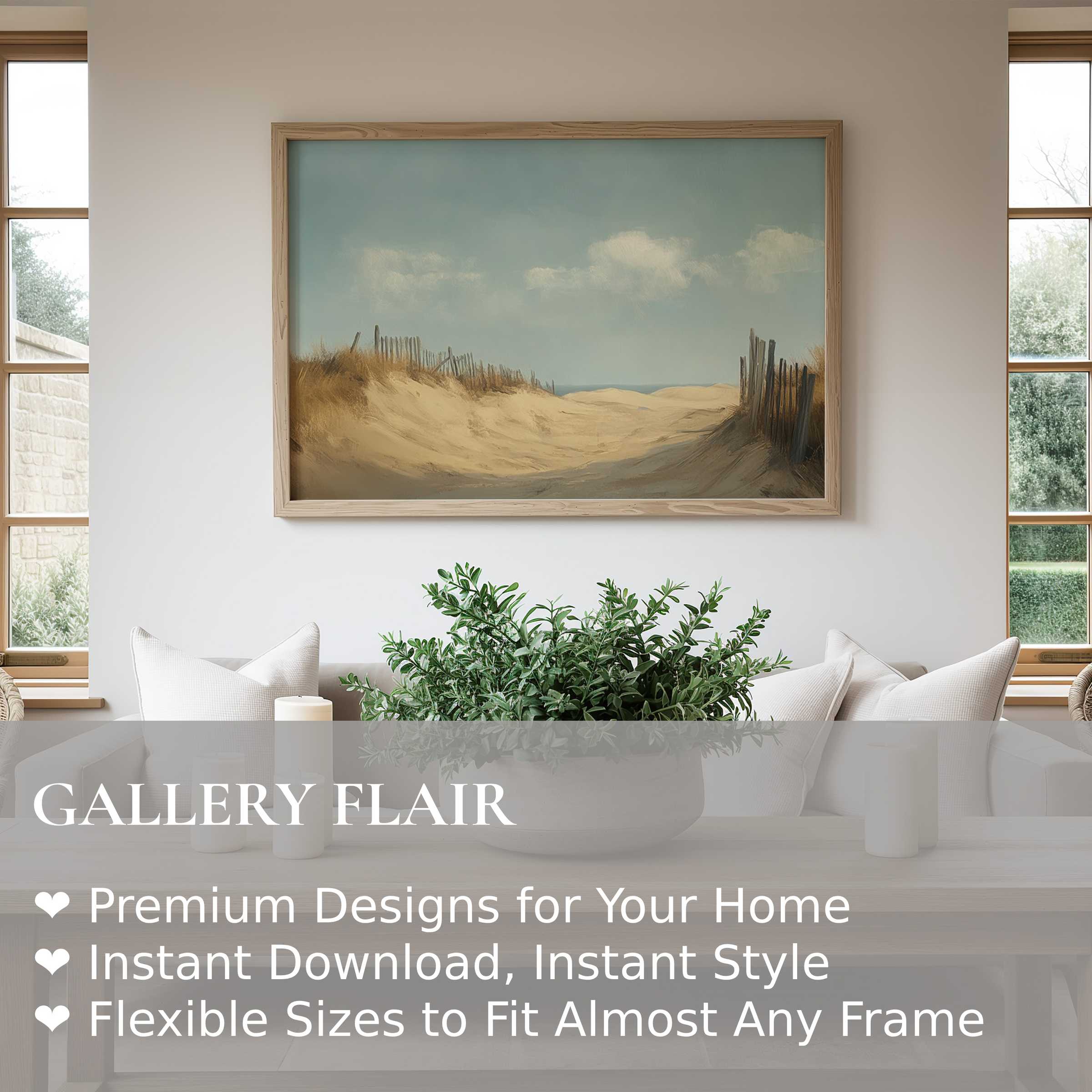 Serene beach wall art print with soft sand dunes and calming sky, enriching modern coastal interiors with tranquil elegance
