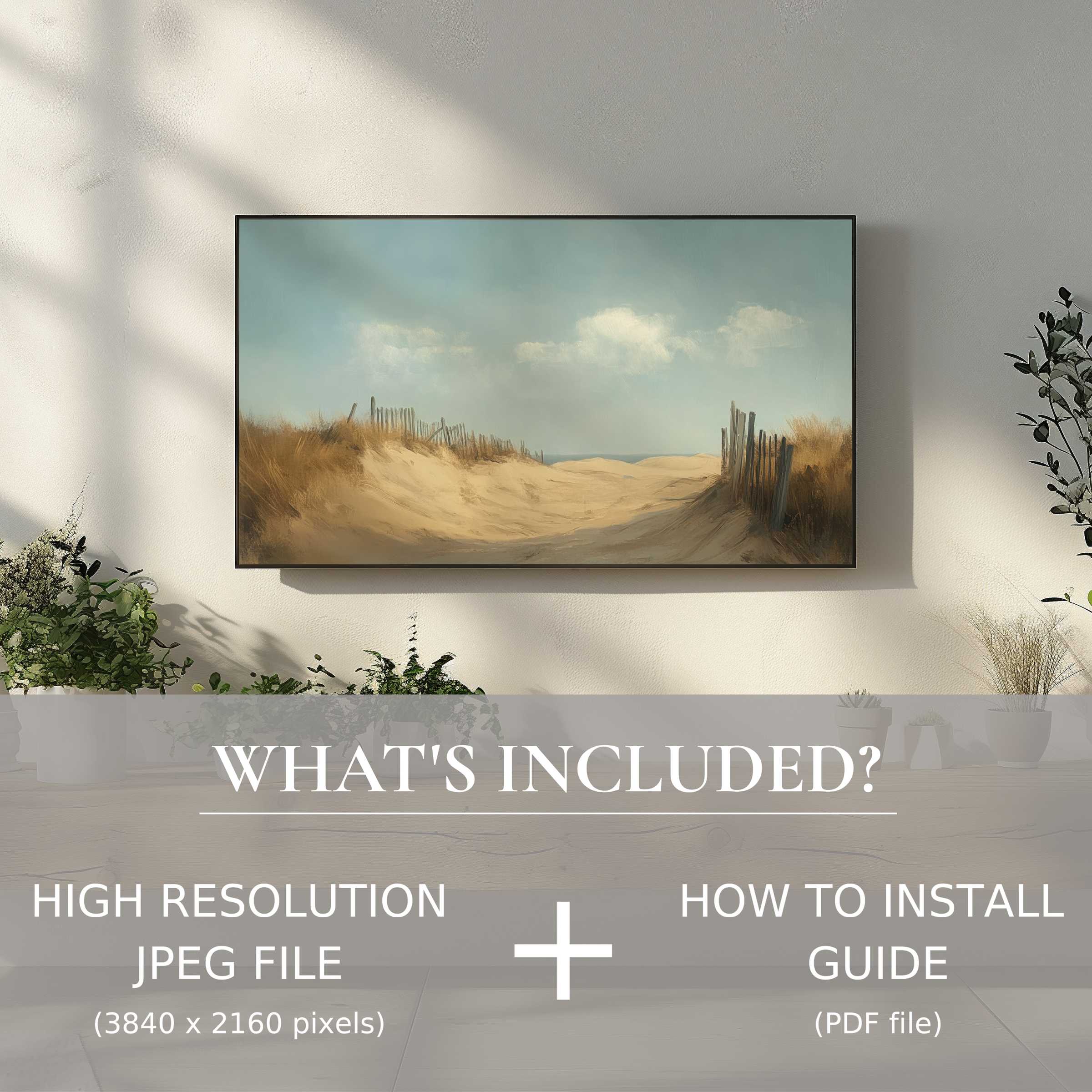 Elegant living room with beach digital TV art download, easy digital use enhances serene coastal ambiance